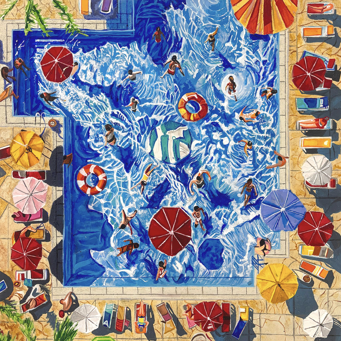 peeps at a pool. 24x24. acrylic and sand on canvas. 2024. sold.