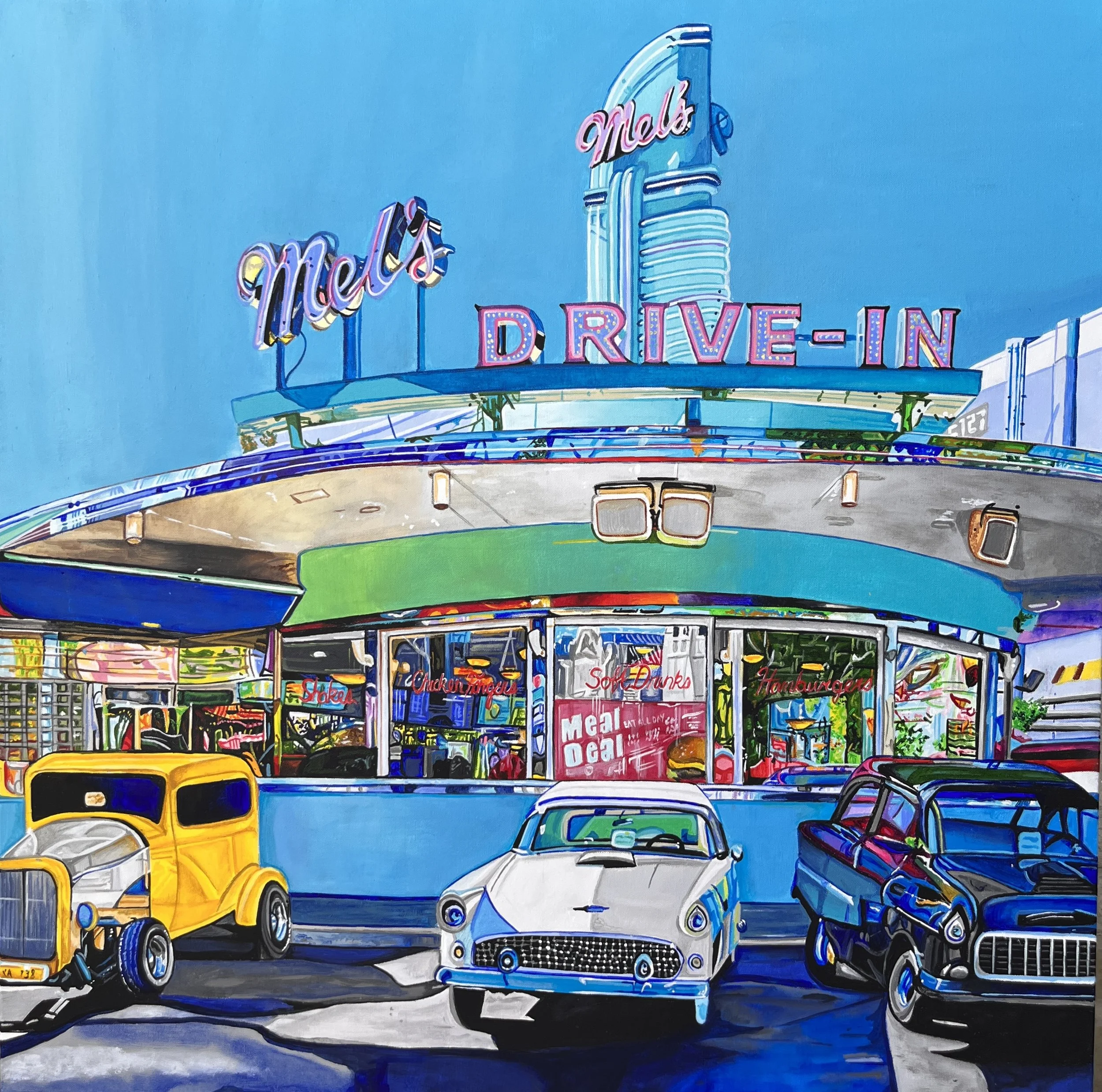 daytime at mel's. 36x36. acrylic on canvas. 2023. sold.