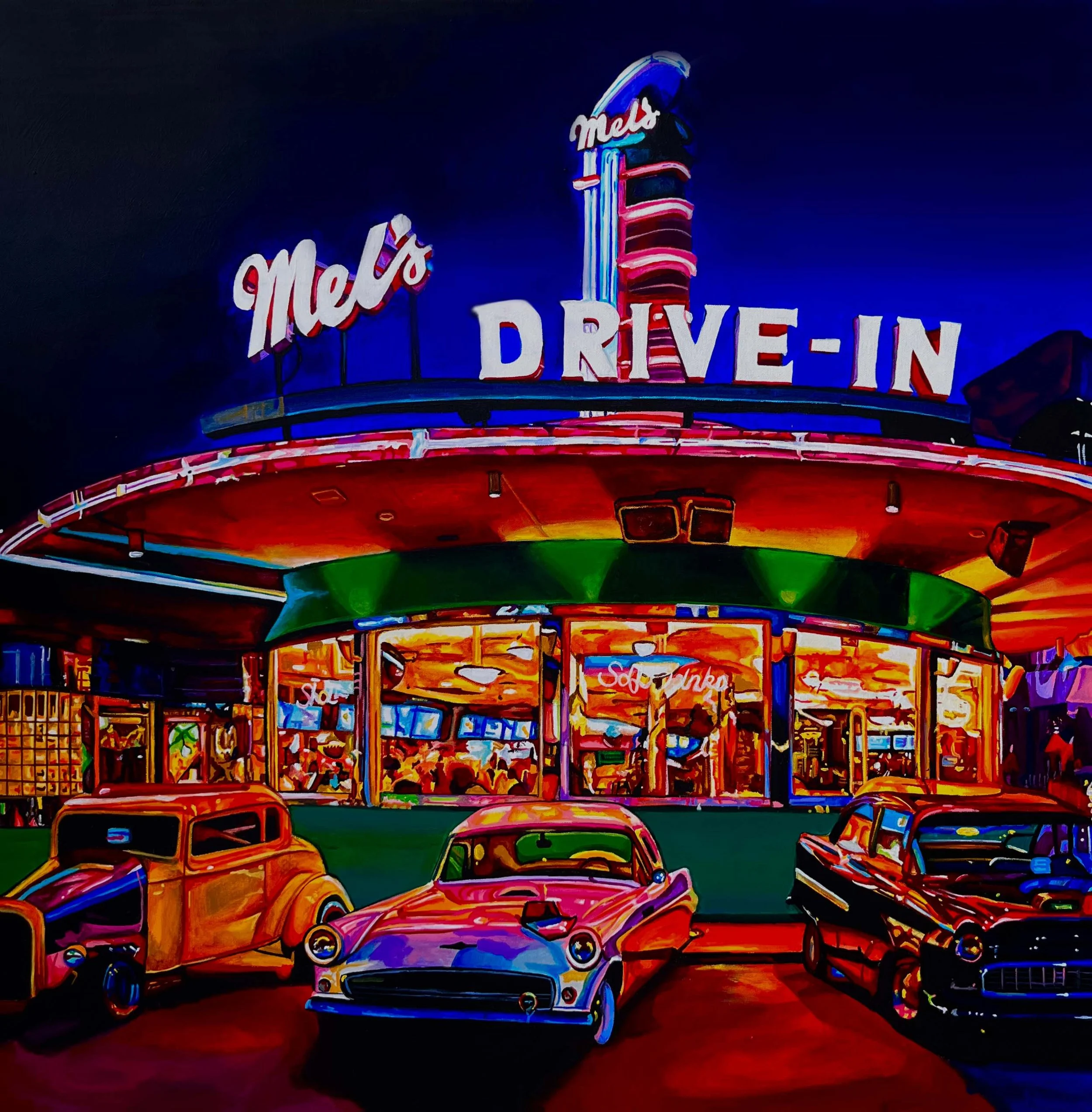 mel's at night. 36x36. acrylic on canvas. 2023. sold.
