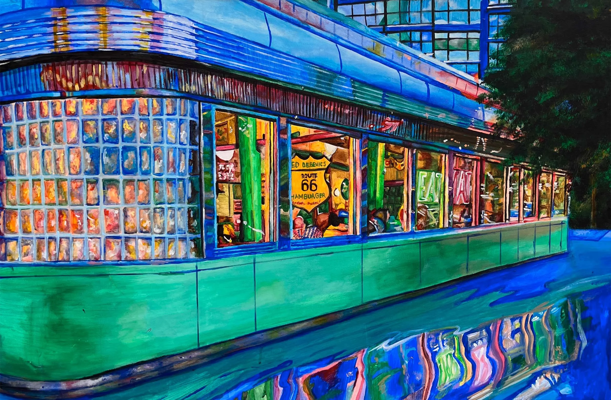 dining on a streetcar. 24x36. acrylic on canvas. 2019.