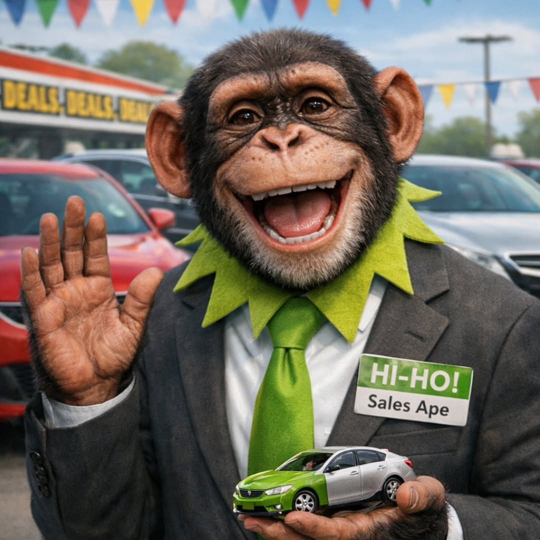 &ldquo;Hi-ho! 🐸
It&rsquo;s not easy being green&hellip;
but it IS easy getting a great deal on a car.
New ones, used ones&mdash;
no bananas required.
Call my human. I just approve deals