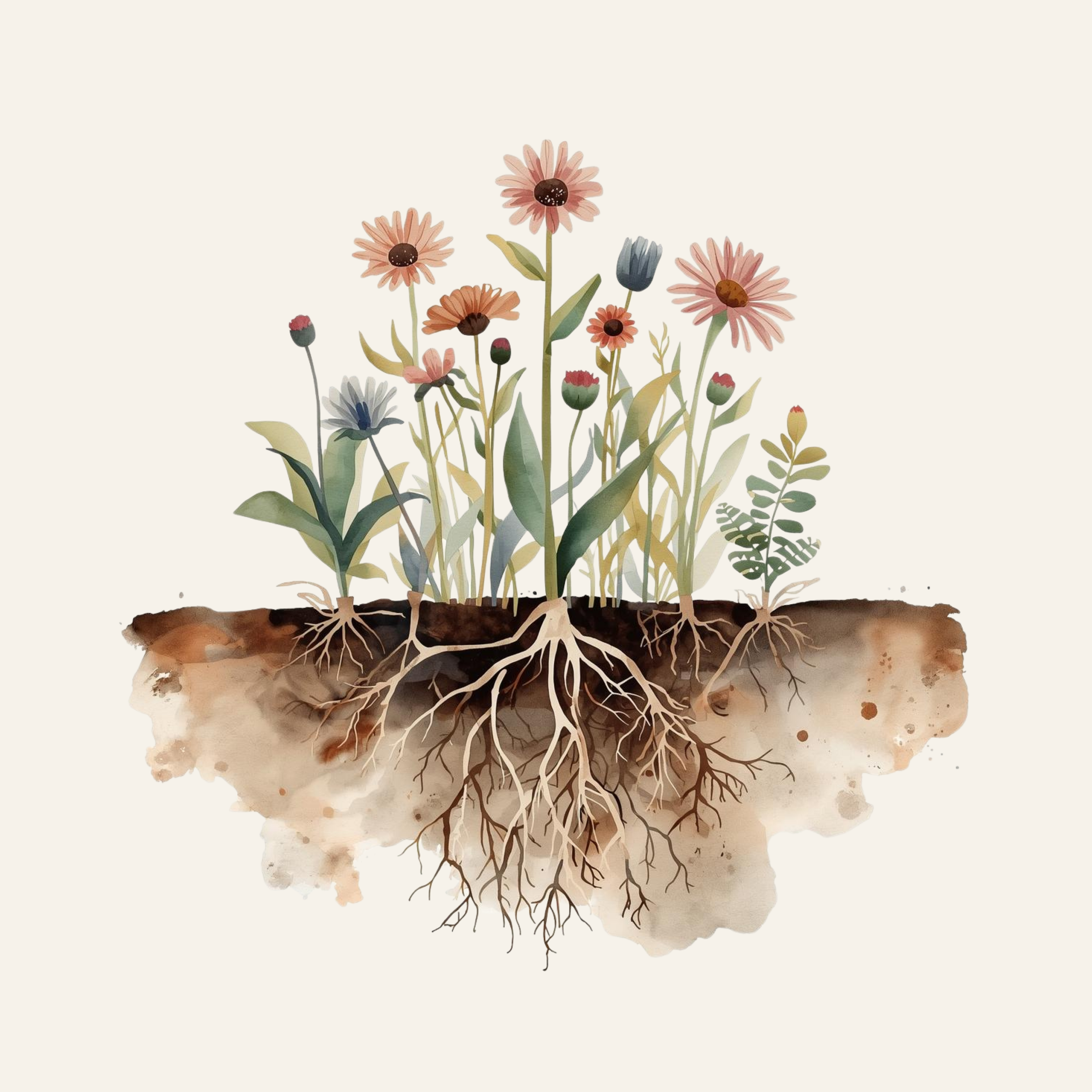 Illustration of various blooming flowers with roots and soil underneath.