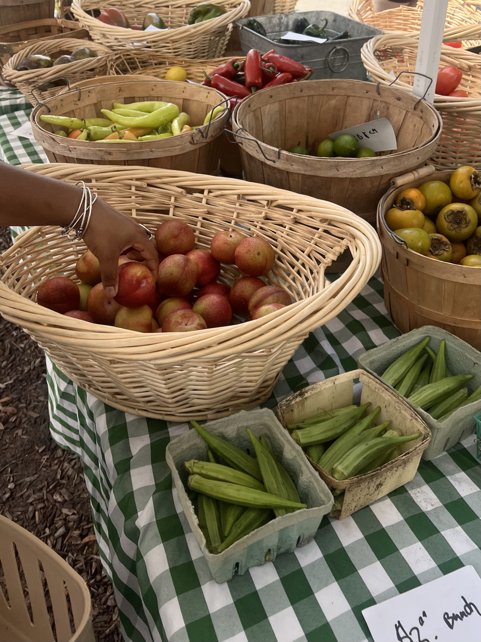 Fresh apples, peppers, tomatoes, and okra in baskets at a farmer's market stand with a green and white checkered tablecloth.