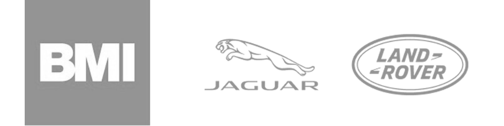 BMI logo, Jaguar logo, Land Rover logo on a gray background.