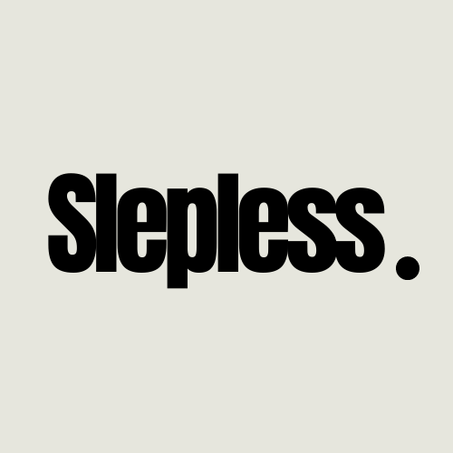 The word "Sleepless" written in bold black letters with a period at the end on a light background.