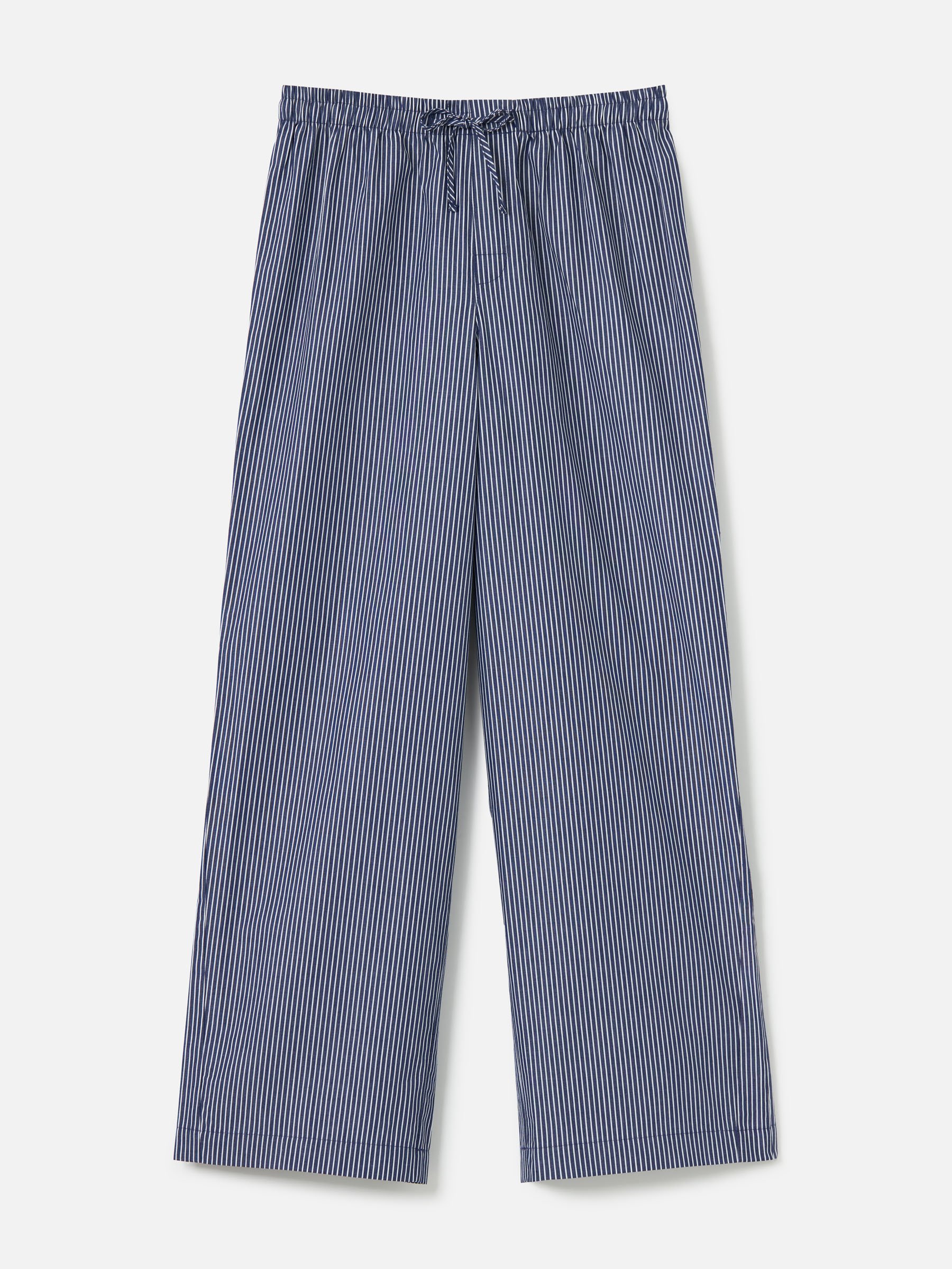Photo of a pair of blue and white vertically striped women's pants with an elastic waistband and drawstring for e-commerce catalog shoot for brand PDP and emailers.