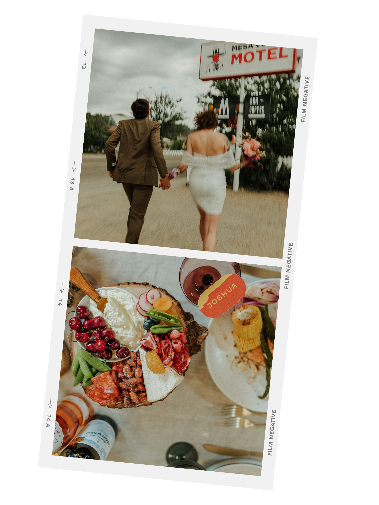Two photos on a film negative strip. The top photo shows a couple, possibly newlyweds, holding hands and walking away from the camera on a rural road, with an old motel sign in the background. The bottom photo features a close-up of a dessert topped with various fruits, a small bowl of dip, and a glass of wine, with a name tag reading 'Joshua' in the scene.