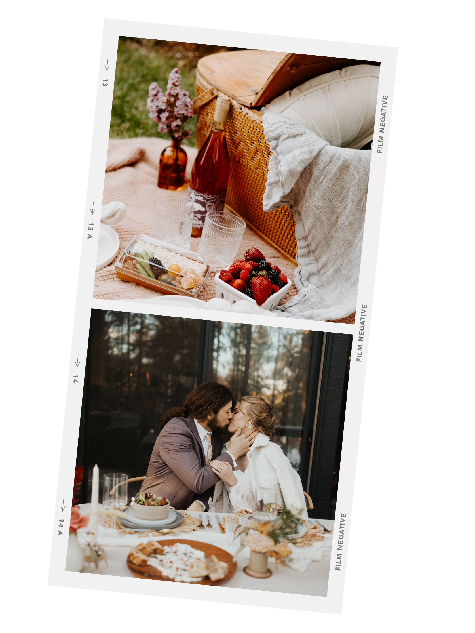 Top photo shows a picnic setup with a blanket, a basket, strawberries, blackberries, and a framed photo of a vase with pink flowers. Bottom photo depicts a couple sharing an intimate moment at a table with food and candles, outdoors near a window with trees in the background.