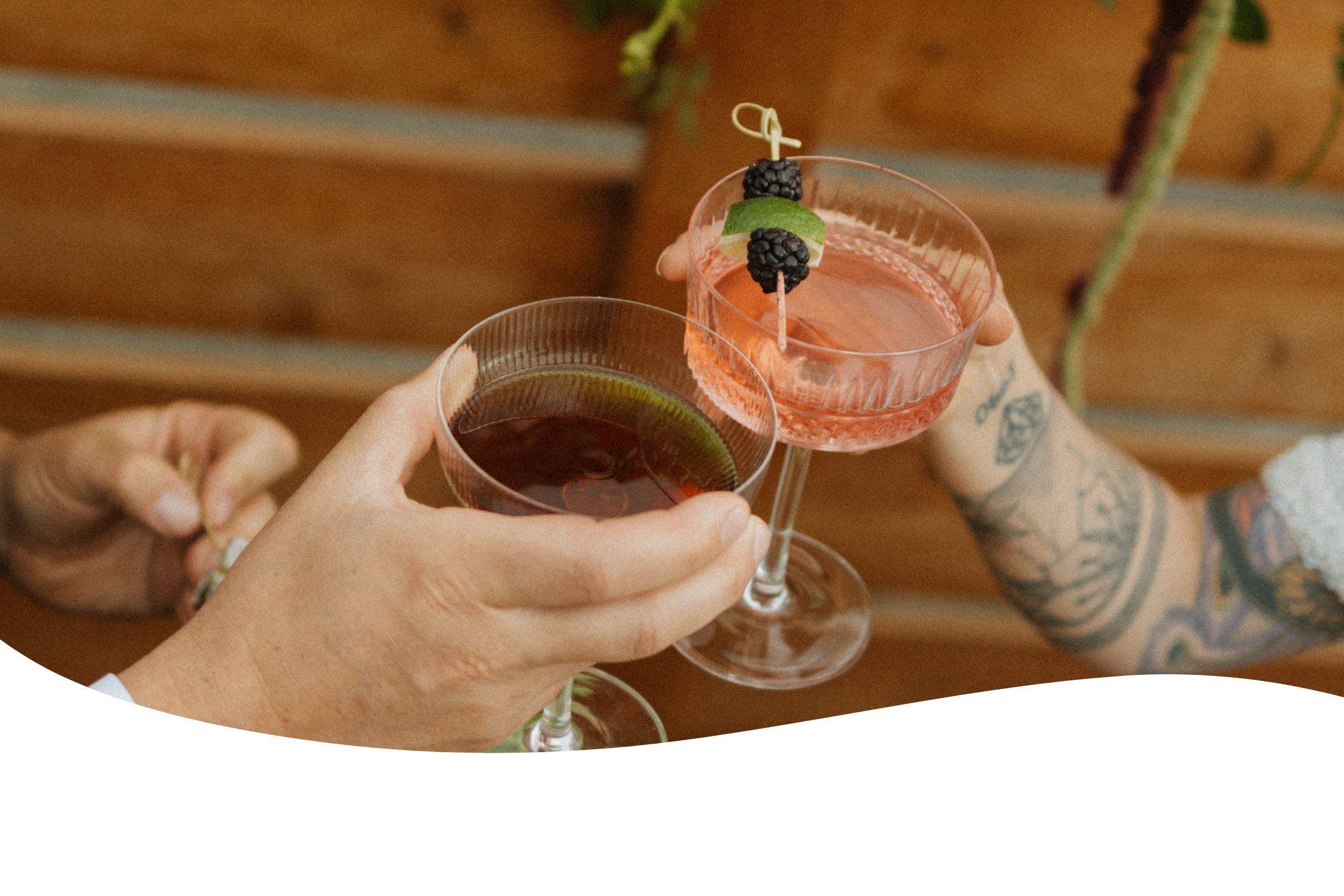 Two people clinking glasses filled with different drinks, one looks like wine and the other a pink cocktail garnished with blackberries and lime slices.