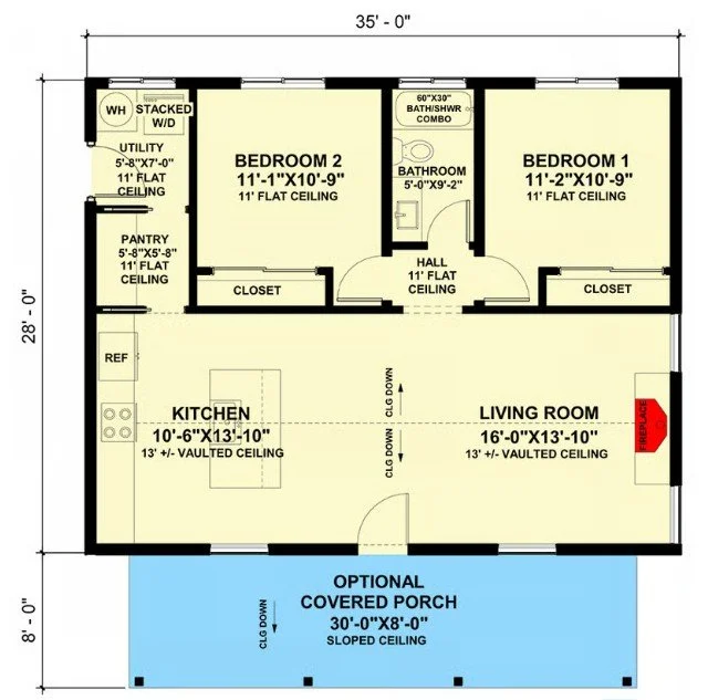 Floor plan of a house with two bedrooms, a kitchen, a living room, a bathroom, and an optional covered porch.