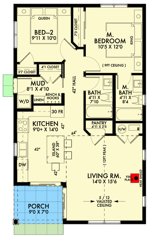 Floor plan of a house with a porch, living room, kitchen, mudroom, two bedrooms, two bathrooms, a pantry, and a hall.