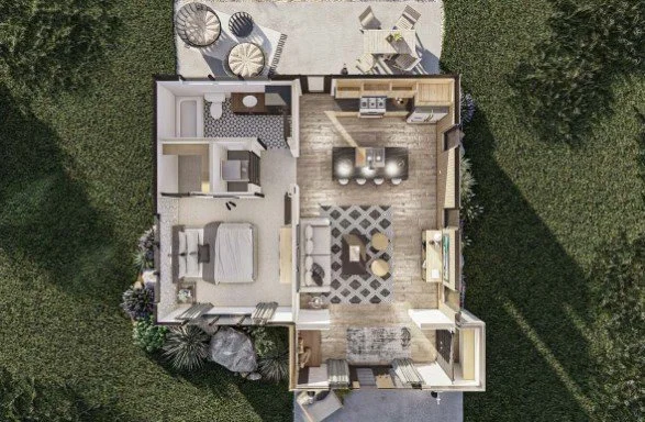 Top-down view of a house with an outdoor patio area, and surrounding greenery.