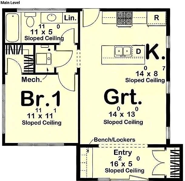 Floor plan of a house showing main level layout with labeled rooms including a bedroom, great room, kitchen, entry, bathroom, and storage areas. The rooms have sloped ceilings, with dimensions provided for each.