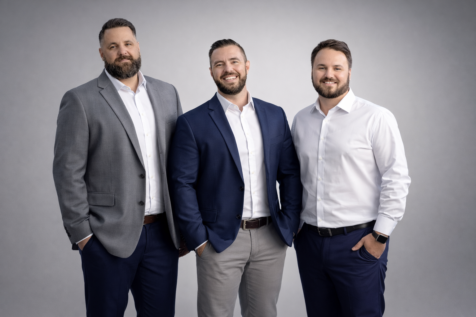 Three men in suits standing together against a gray background, smiling at the camera.
