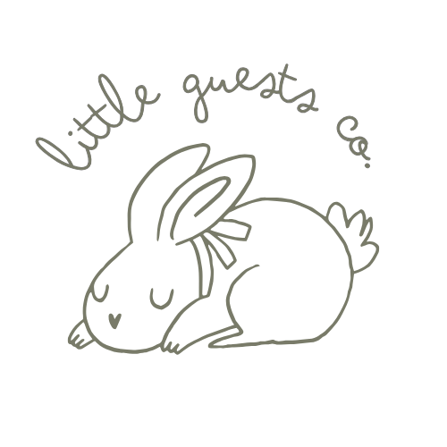 A cute, hand-drawn illustration of a sleeping bunny with closed eyes and floppy ears, surrounded by the words "little guests" in a whimsical font.