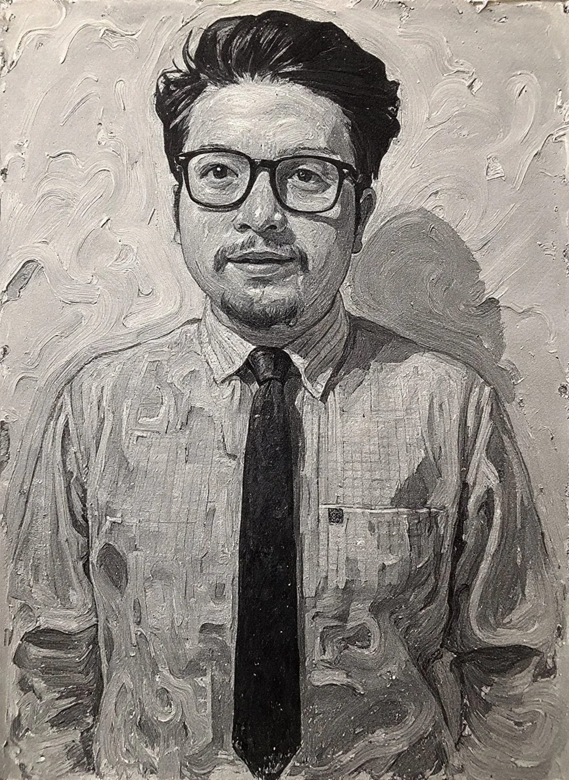 Black and white painting of a man with glasses, a mustache, and facial hair, wearing a patterned dress shirt and a dark tie, against a textured background.