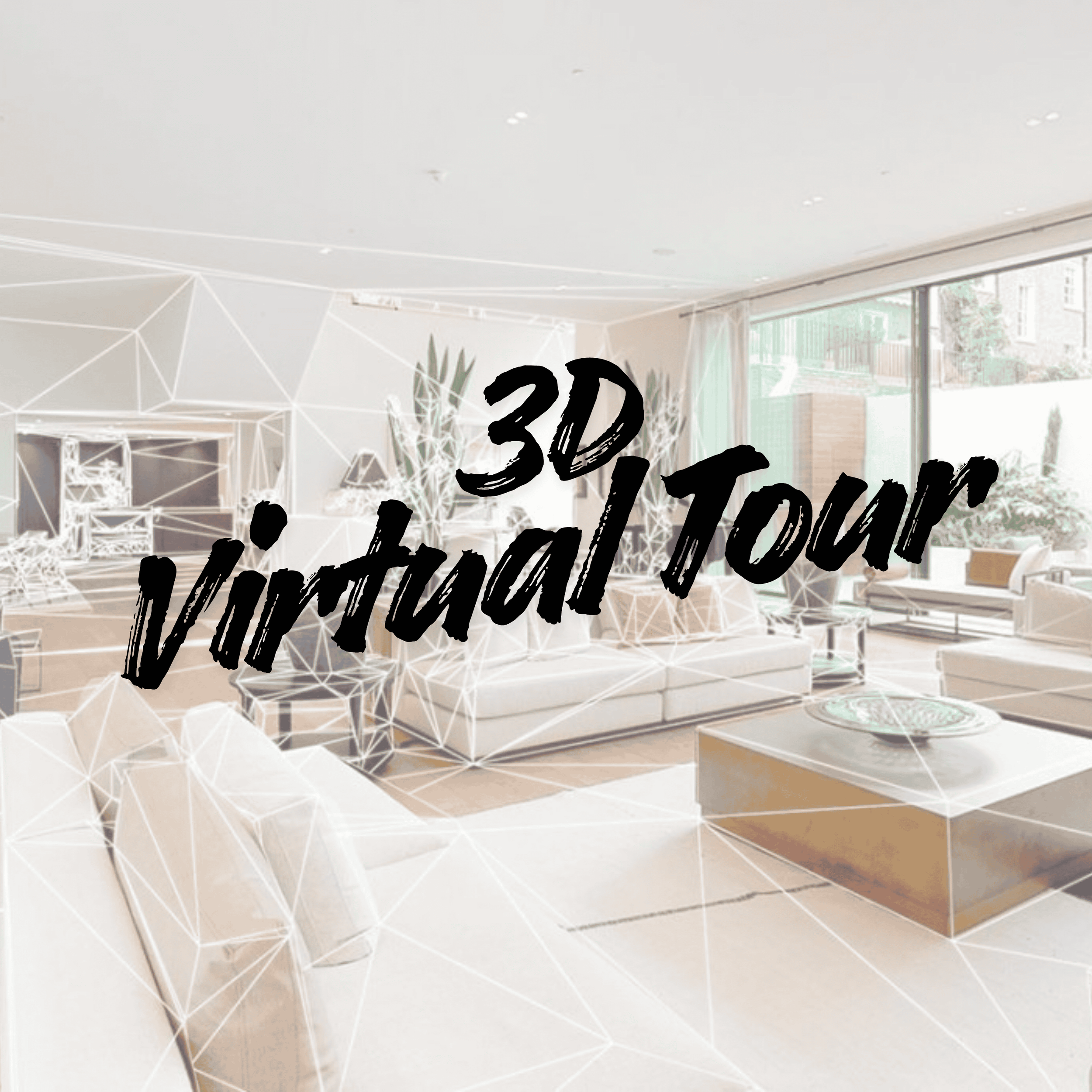 Living room with modern furniture and large window, overlaid with text '3D Virtual Tour' in bold black handwriting style.