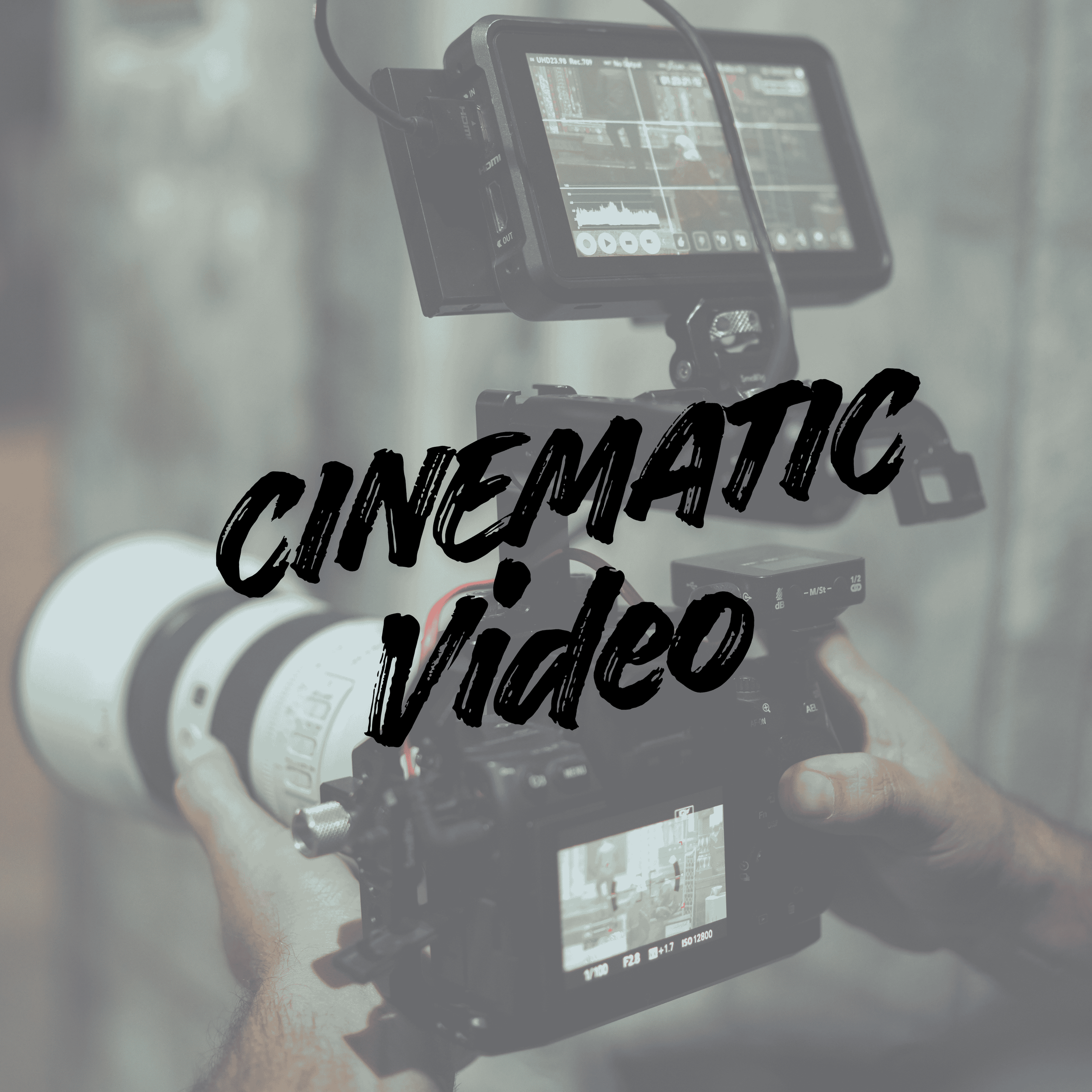 A person is holding a professional digital camera mounted with an external monitor, taking a video or photograph in a studio or indoor setting. The camera has a large telephoto lens attached.