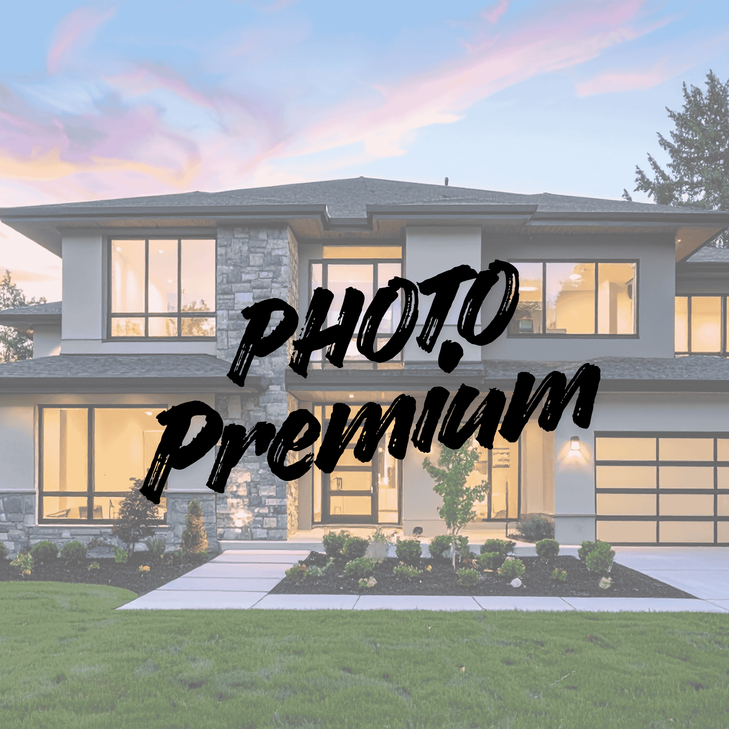 Modern two-story house with large windows, stone and stucco exterior, and a well-maintained lawn with shrubs and a walk path.