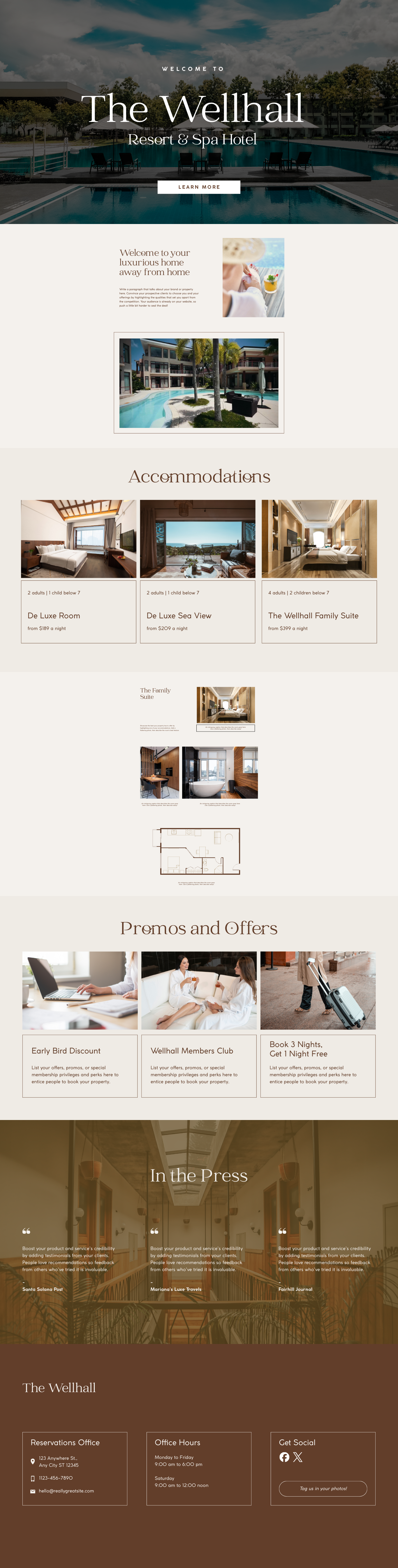 A promotional webpage for The Wellhall Resort & Spa Hotel featuring a large header image of a swimming pool with lounge chairs and trees, and the text "Welcome to The Wellhall Resort & Spa Hotel". Below are sections about accommodations, promotions, press, and contact information, with images of rooms, a person drinking a beverage, and a person walking with luggage.