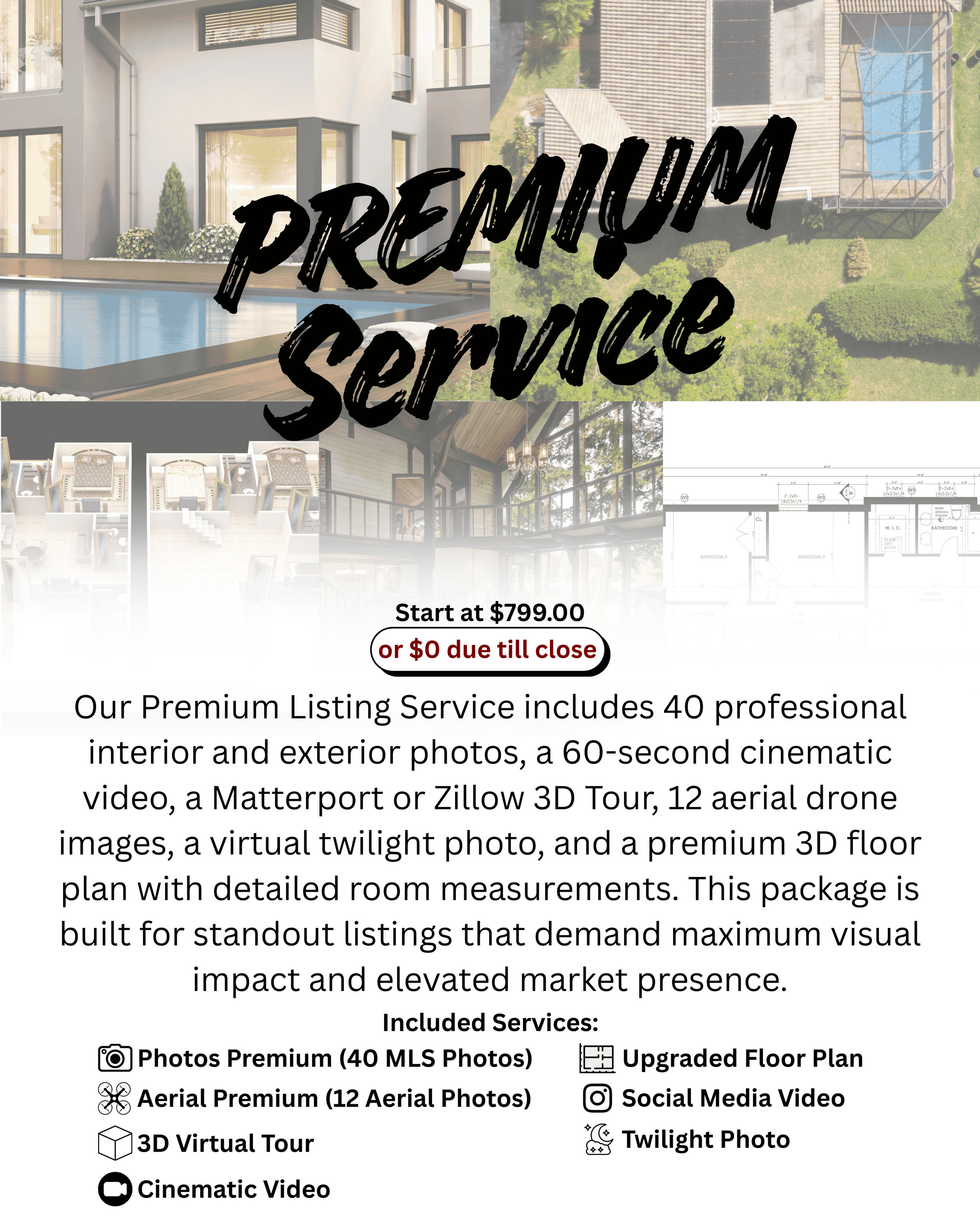 Text overlay on a promotional flyer for luxury real estate listing services, featuring images of modern homes, a floor plan, and a drone photograph.