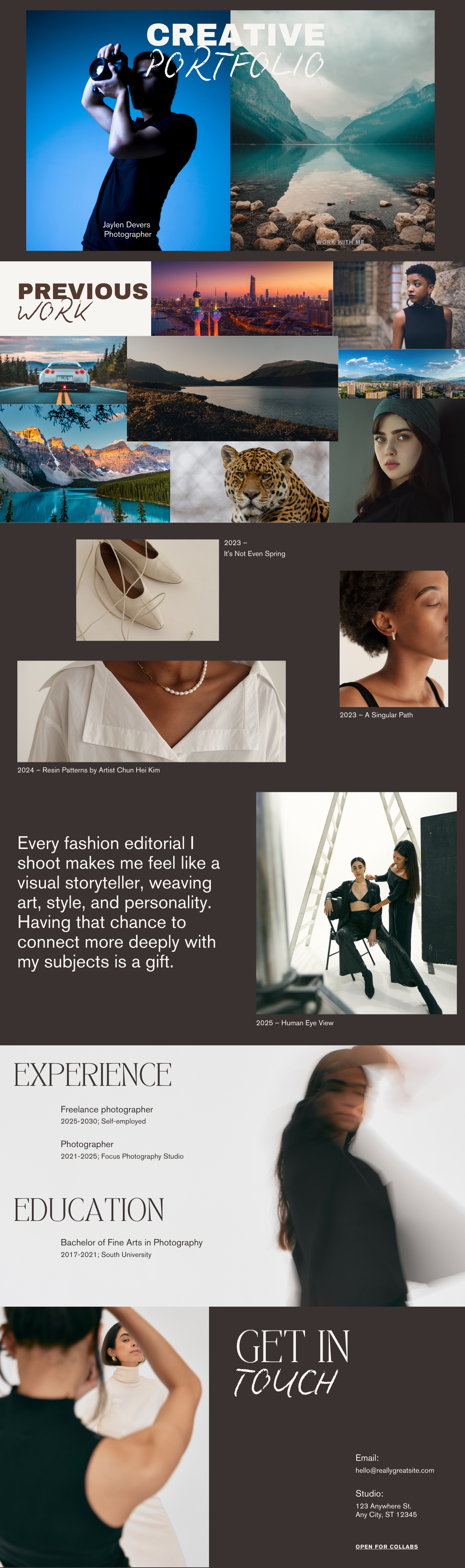 A creative portfolio layout featuring photographs of landscapes, cityscapes, portraits, fashion, and wildlife, with text overlays and section headings.