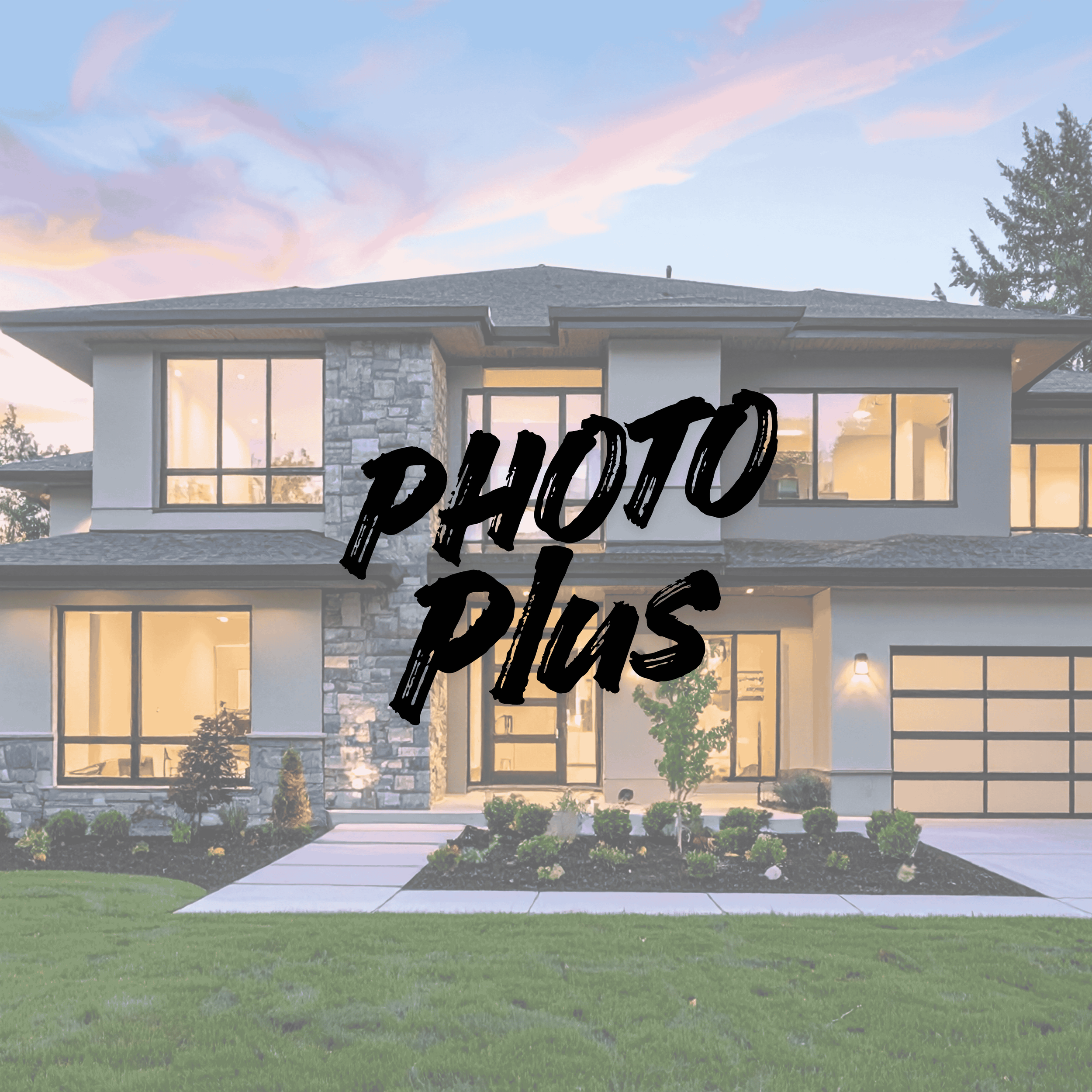 Modern two-story house with large windows, a stone fireplace exterior, a well-maintained front yard, and a sunset sky in the background.