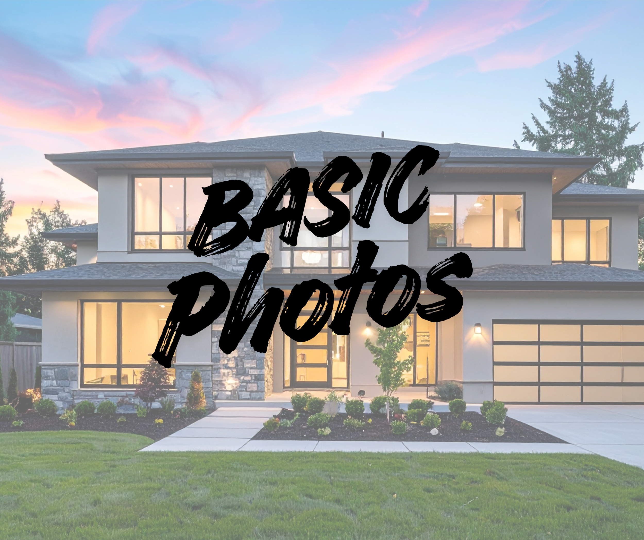 Modern two-story house with large windows, landscaped front yard, and a sunset sky in the background