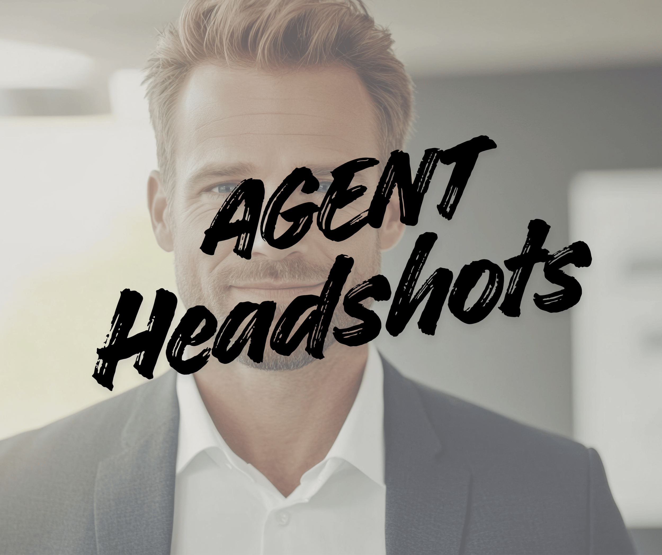 A man in a gray suit and white shirt smiling, with the text 'Agent Headshots' over his face.