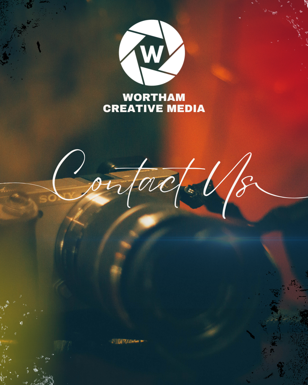 A camera with a blurred colorful background and the text 'Contact Us' overlaid, along with the logo and name of Wortham Creative Media.