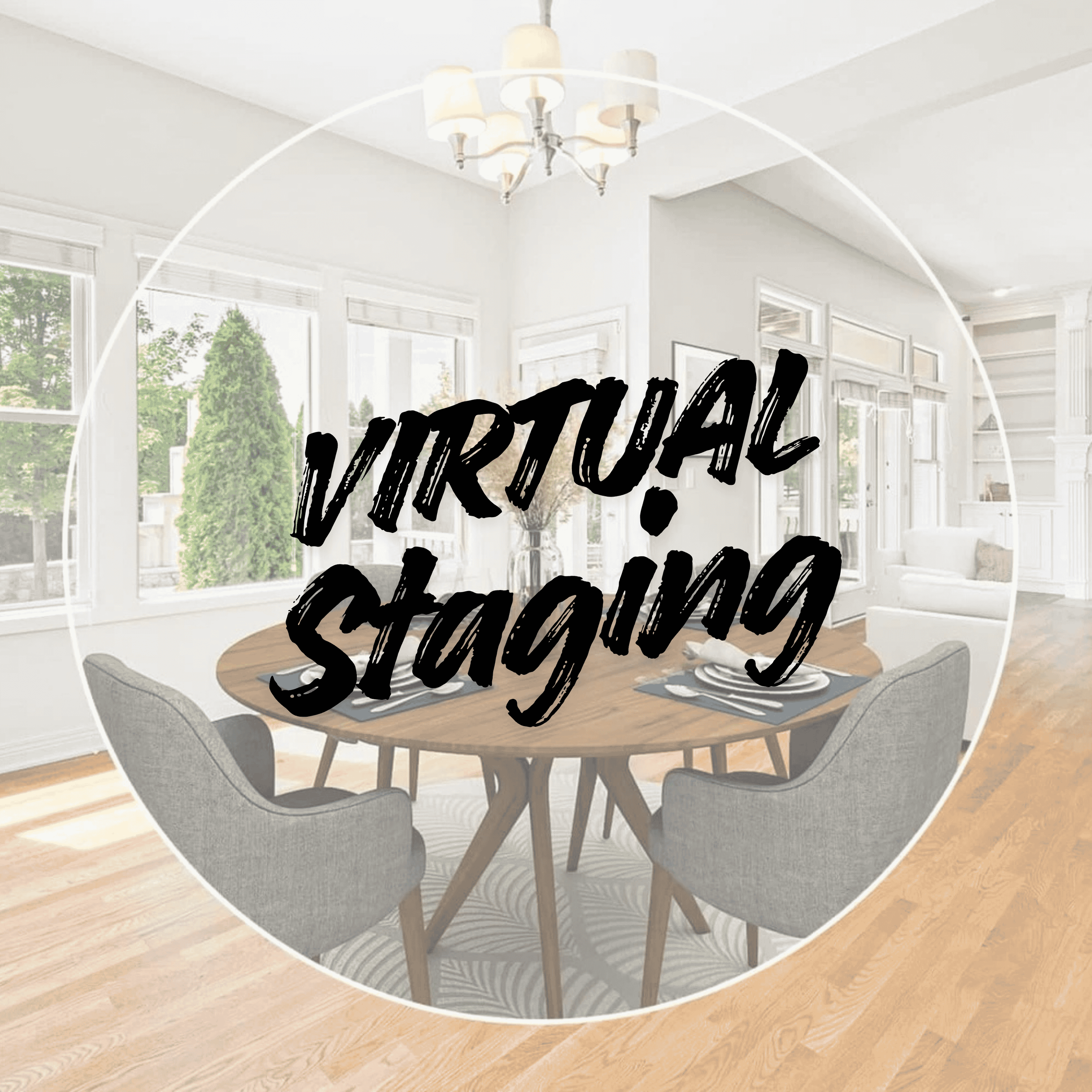 Interior view of a bright dining room with a round wooden table, four gray chairs, and large windows showing green trees outside, with the words 'Virtual Staging' written across the image.