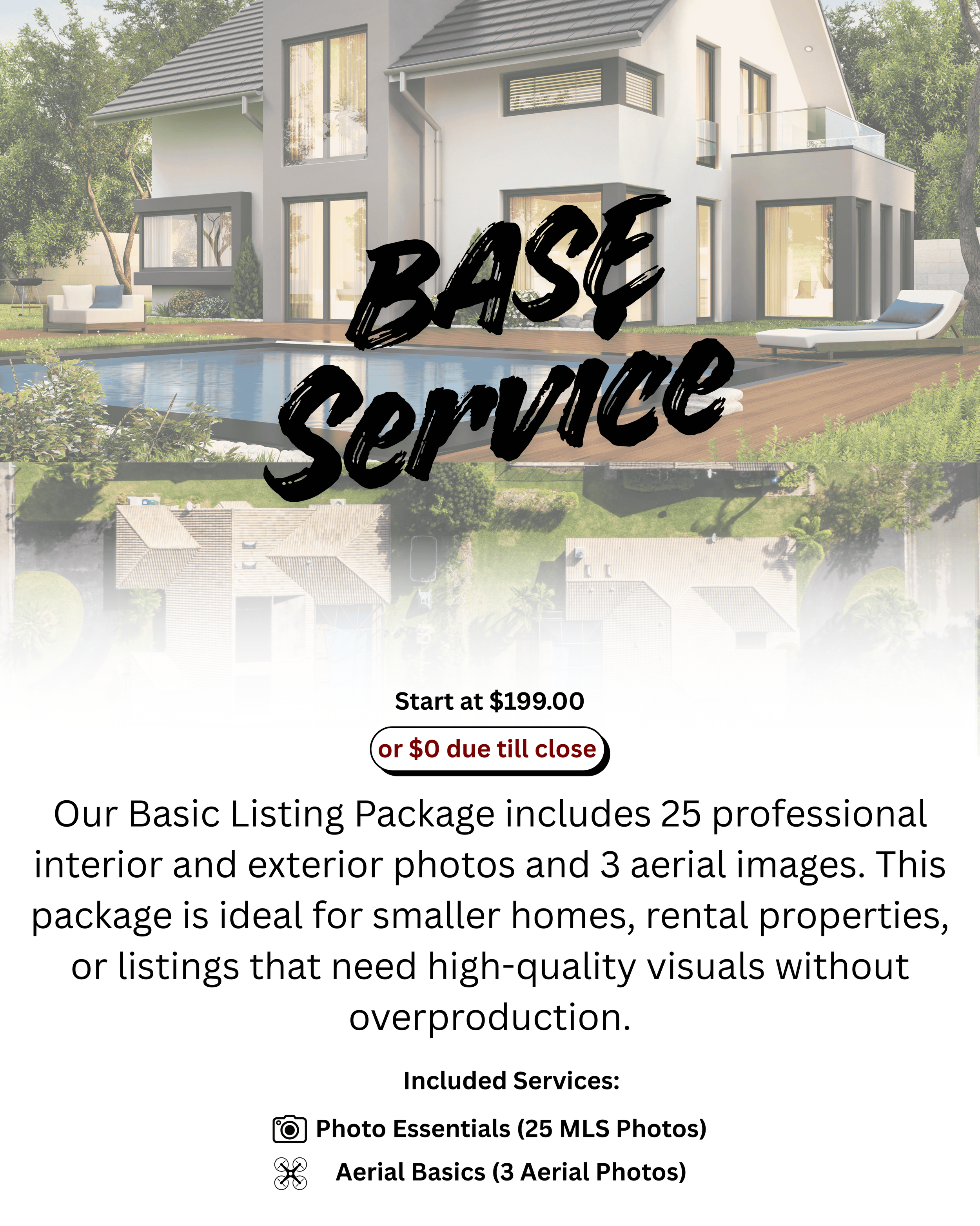 Modern white house with gray roof, large windows, a backyard with a swimming pool, outdoor seating, and lawn, surrounded by trees.