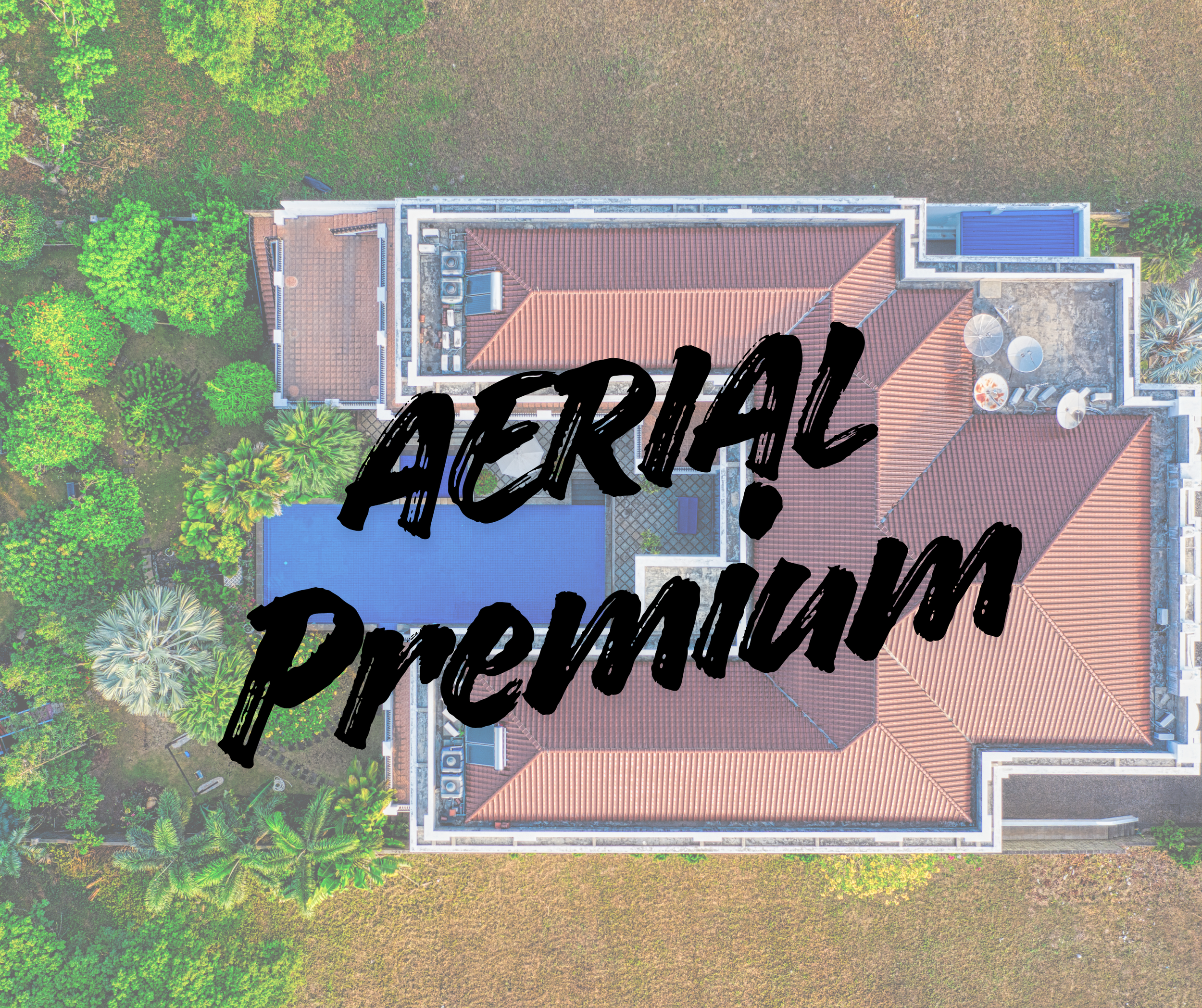 Aerial view of a house with a red tiled roof, surrounded by gardens and trees, with the text 'Aerial! Prerview' overlaid.