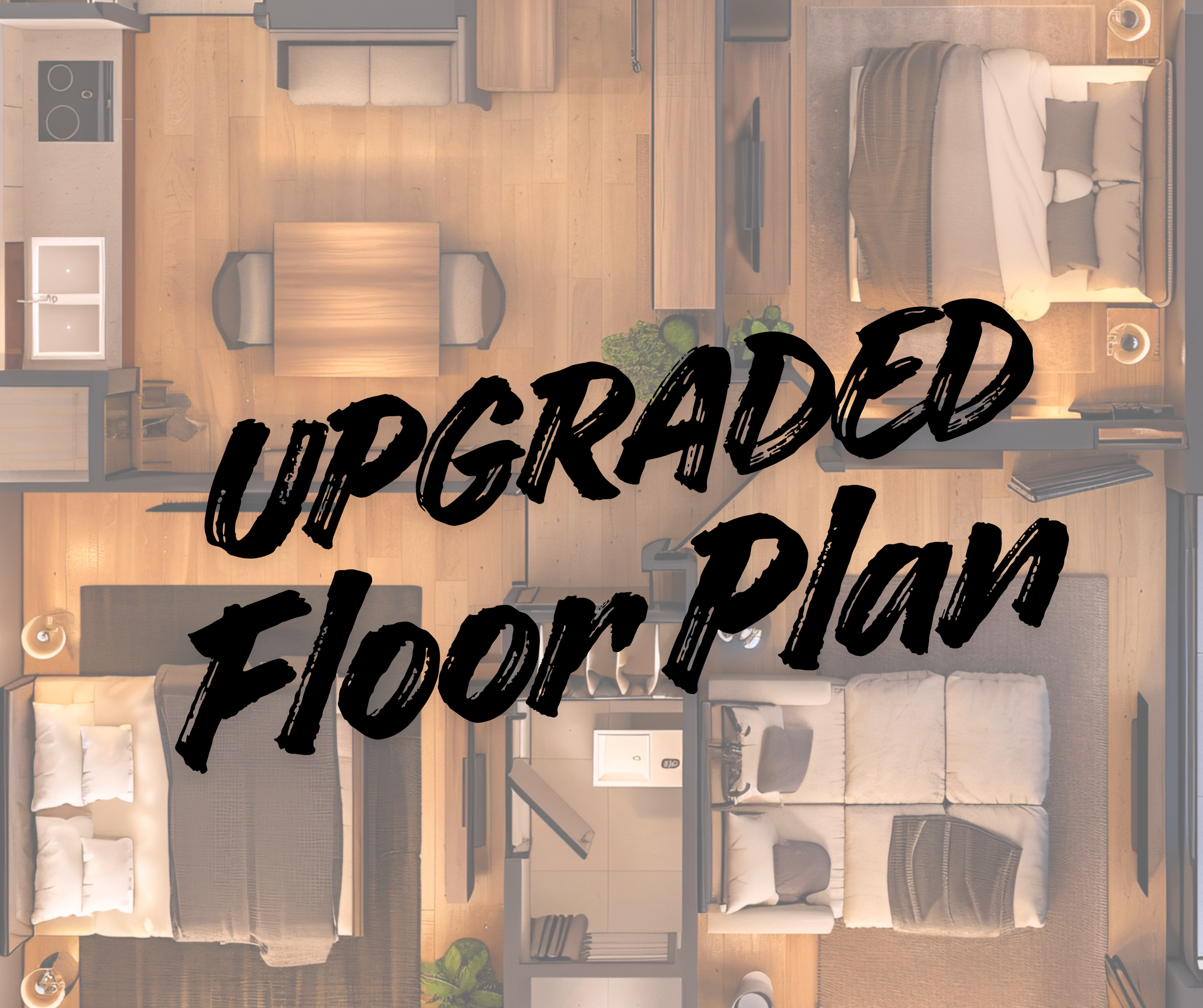A floor plan of an apartment showing a bedroom with a bed, a living room with a sofa, a dining area with a table and chairs, in a modern style with wood flooring and minimalist decor.