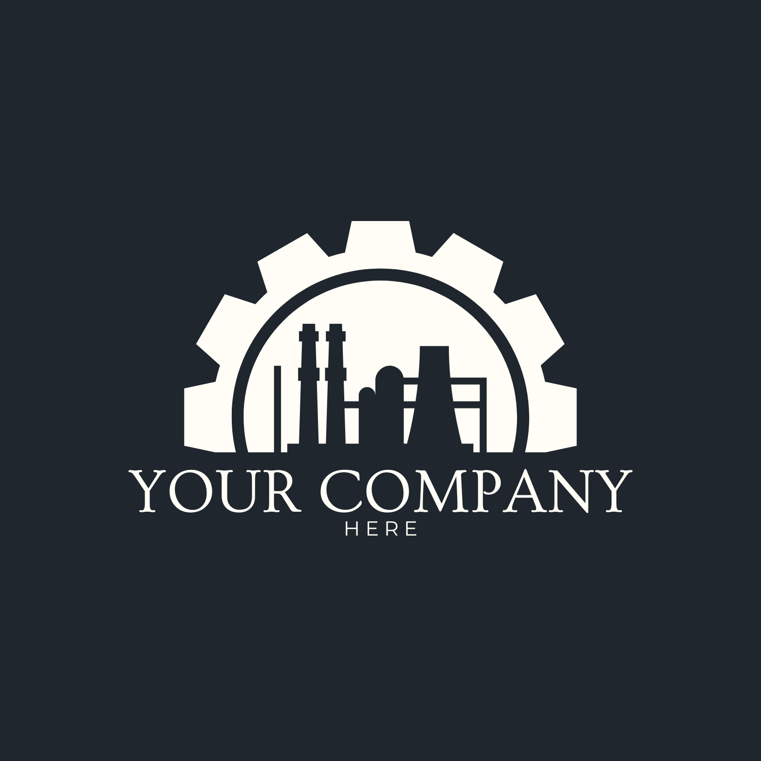 Industrial factory logo with a gear and factory silhouette, placeholder text for company branding.