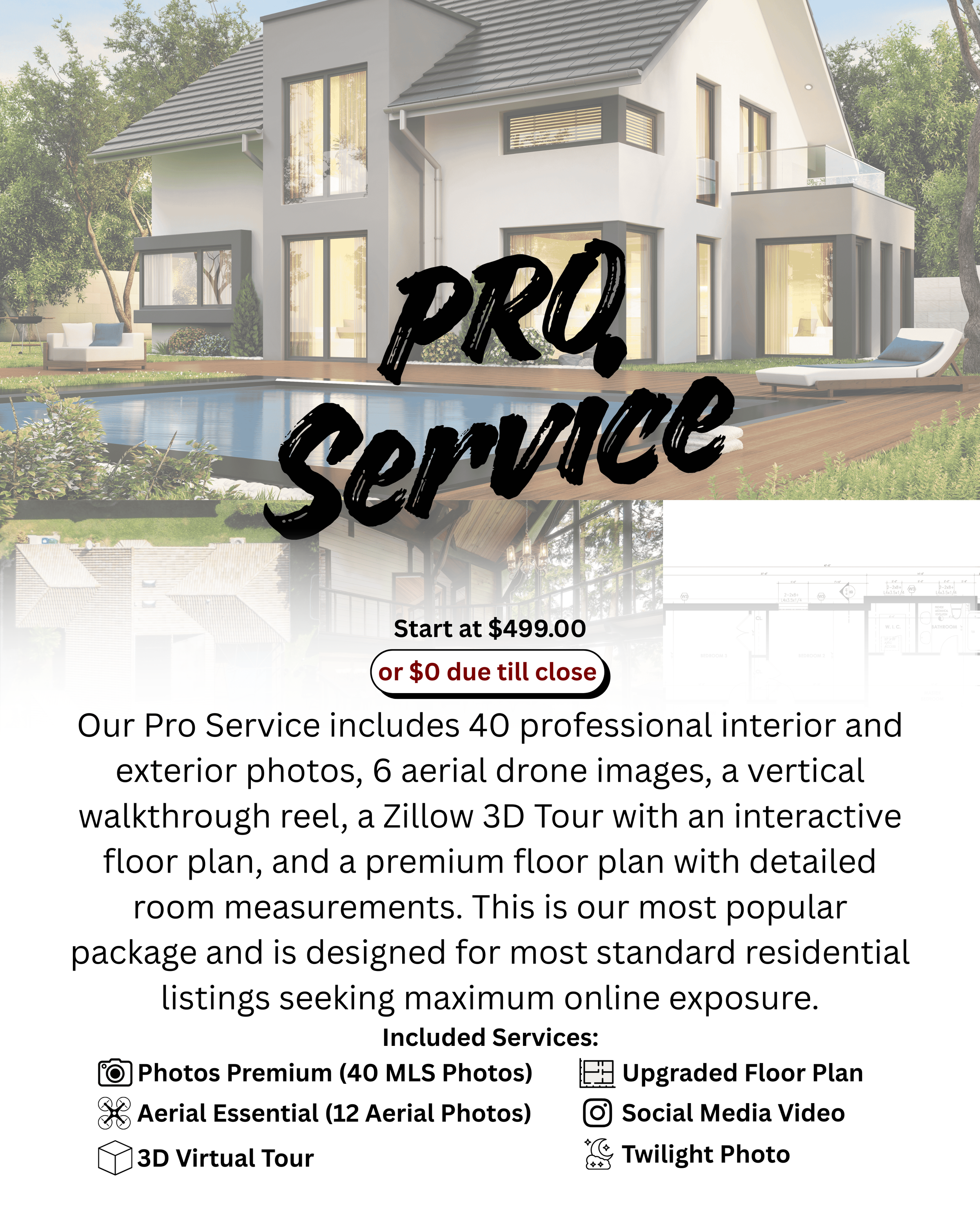 Advertisement for professional home listing photos service featuring an image of a modern house with a pool, outdoor seating, and greenery.