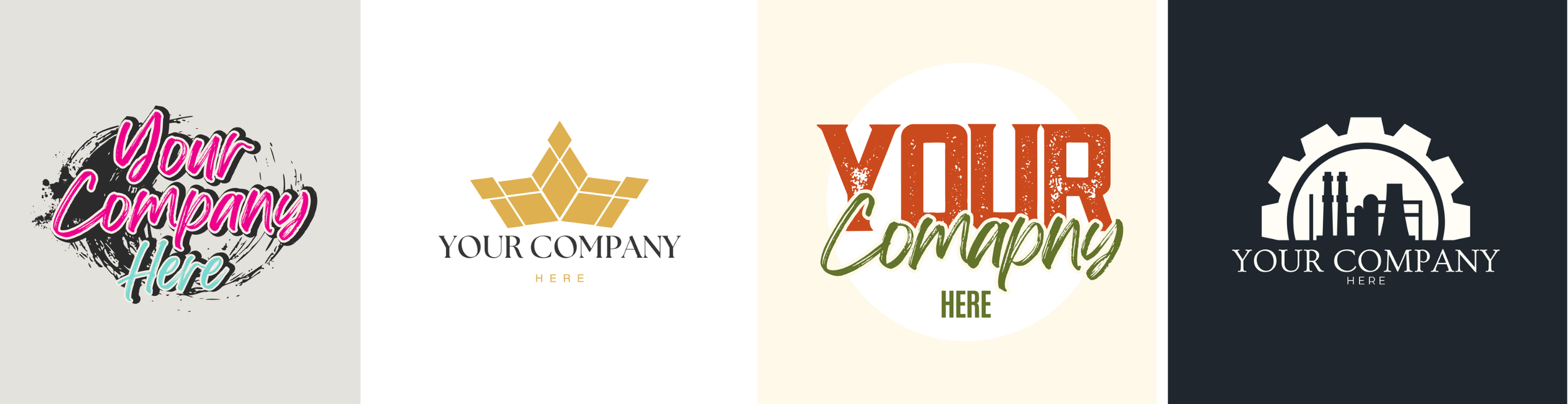 Four different logo templates for a company, each with distinct design and text styles.