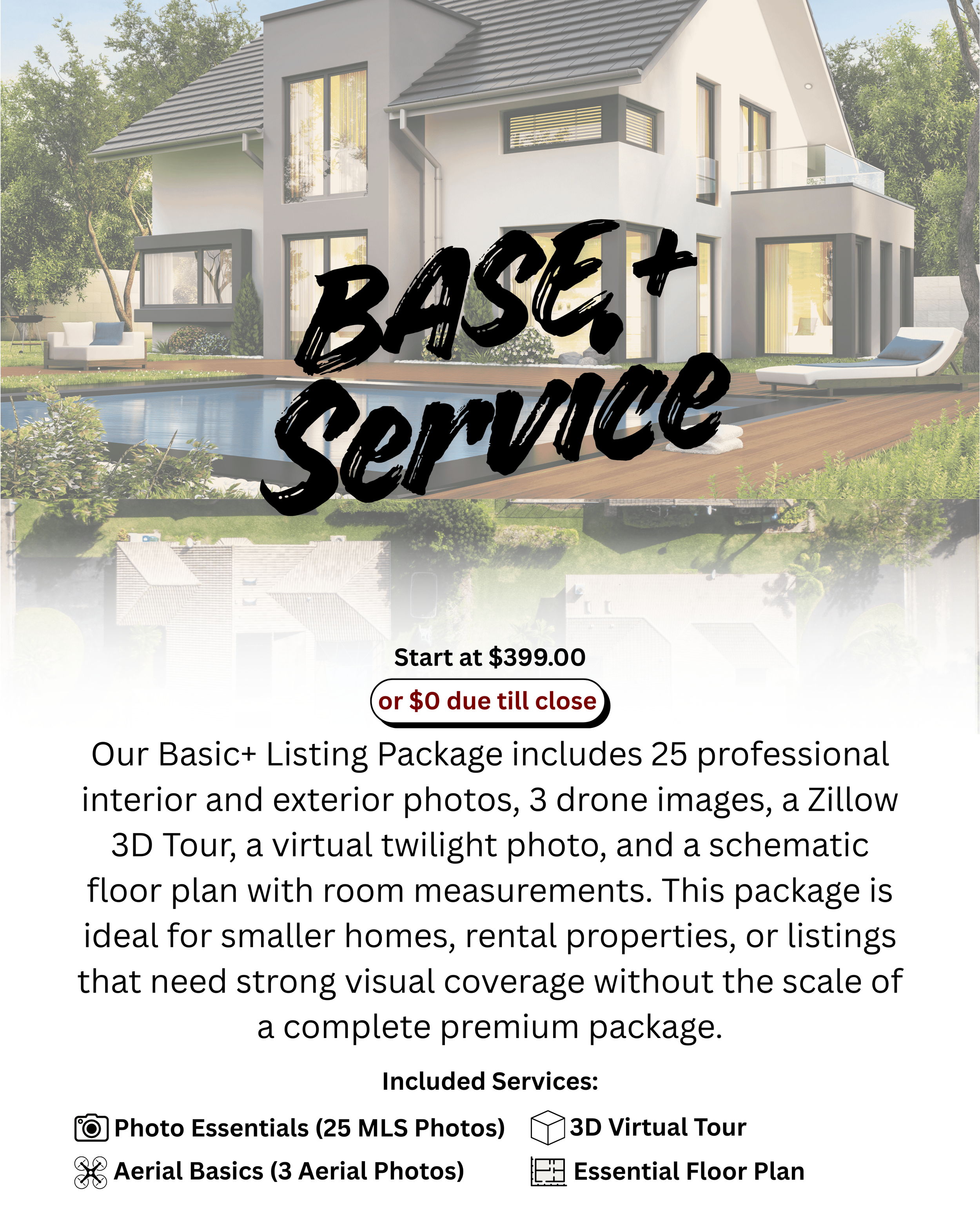 Advertisement for basic real estate listing service with a modern house by a pool, text about services including photos, virtual tour, floor plan, starting at $399, or $0 until close.