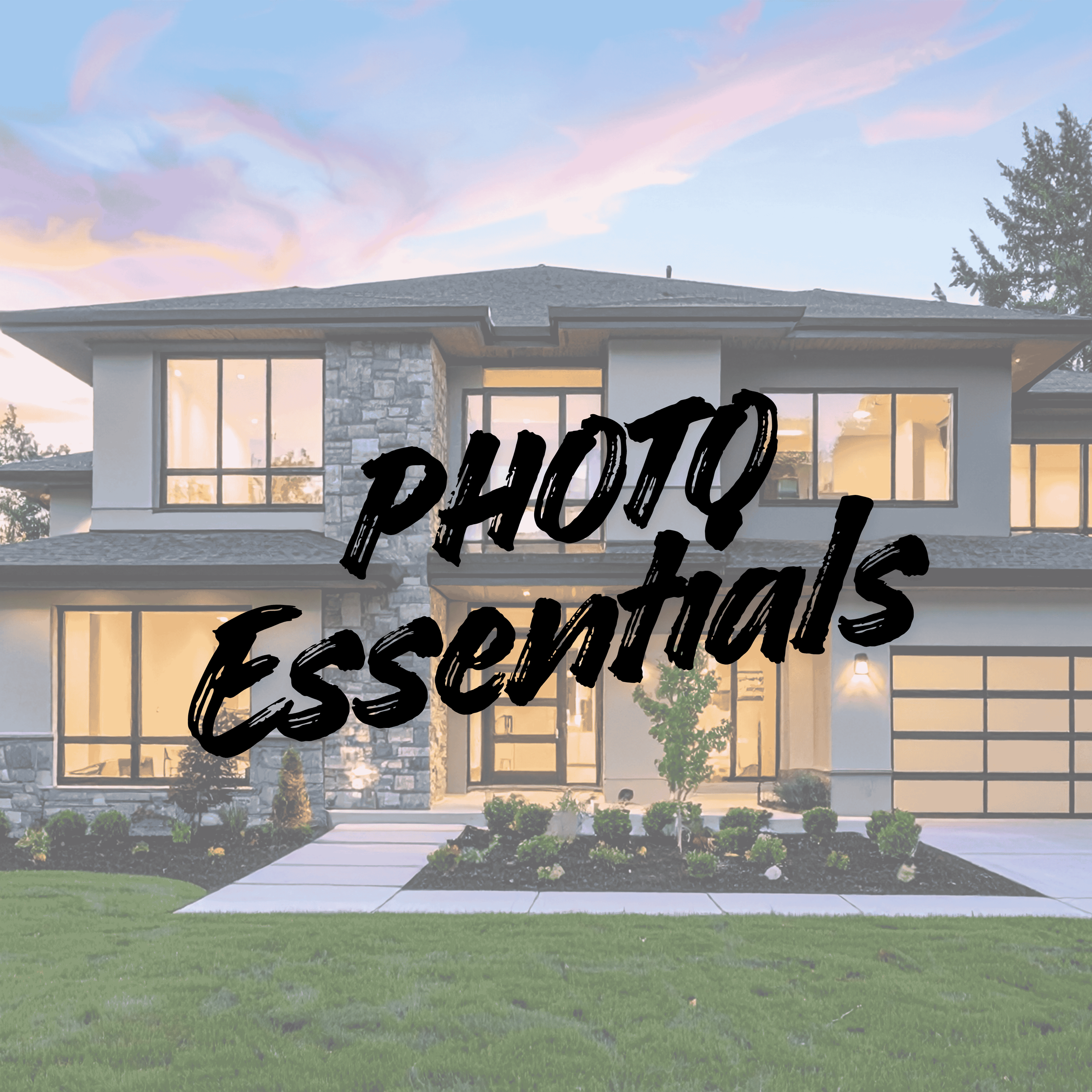 Modern two-story house with stone accents, large windows, and a well-maintained front yard during sunset.