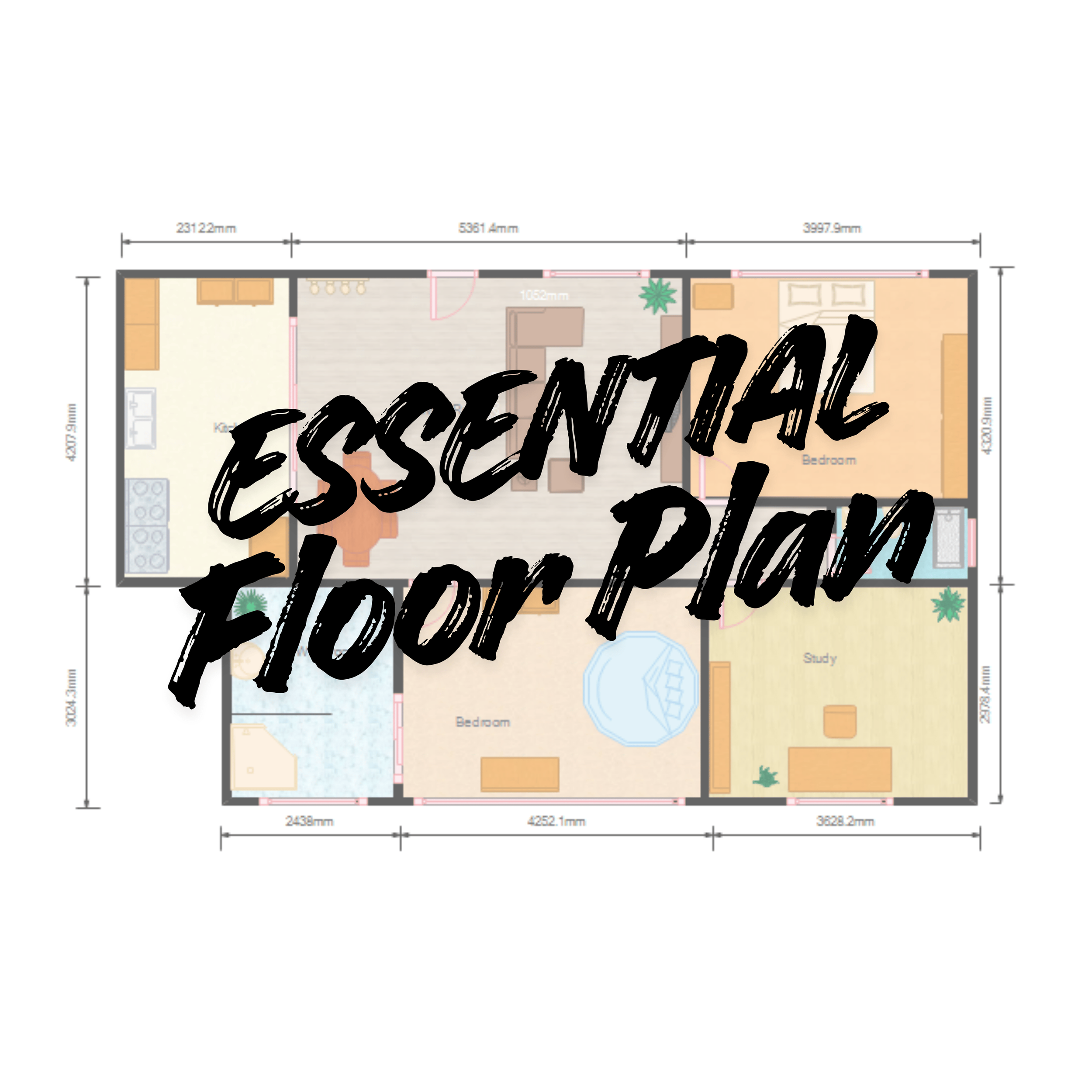Floor plan of a house with rooms labeled kitchen, bedroom, study, and living area, along with measurements in millimeters.