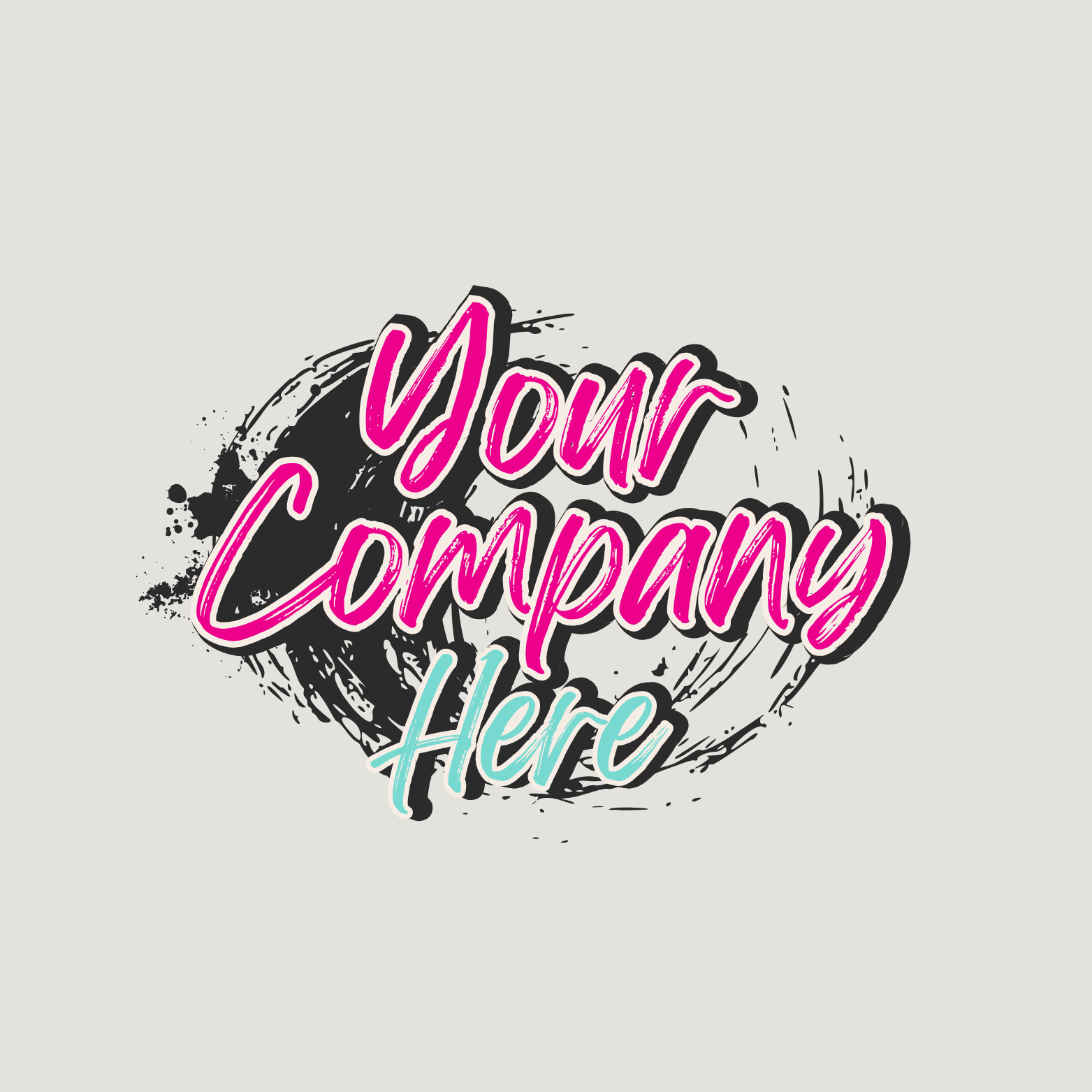 Graphic design with the text 'Your Company Here' in pink and light blue handwritten fonts, over a black ink splatter background on a light gray backdrop.