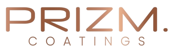 Prizm Coatings logo with stylized text in brown shades
