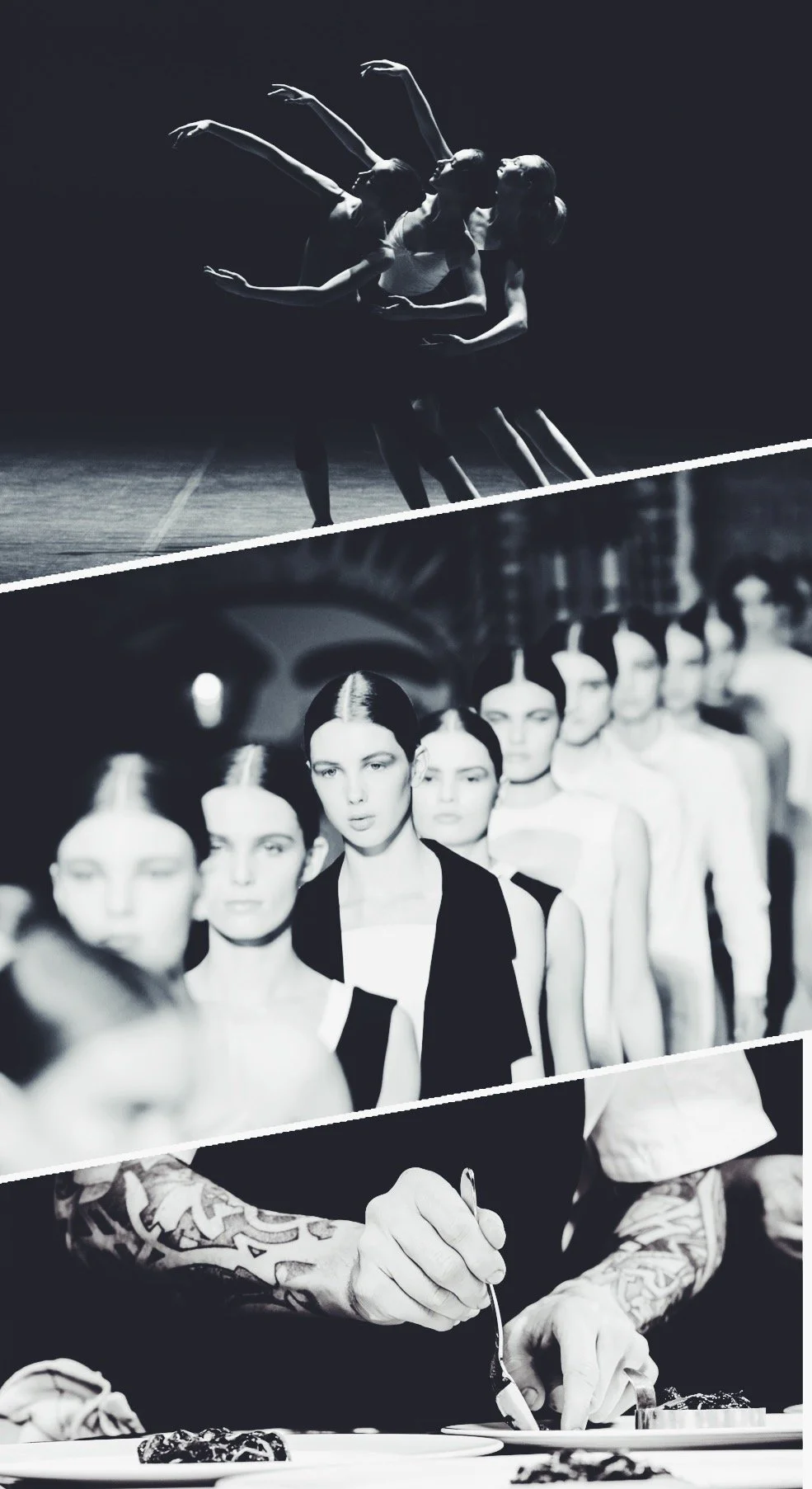 A collage of three black-and-white photos showing a dance performance, a runway, and a tattooed chef preparing food.