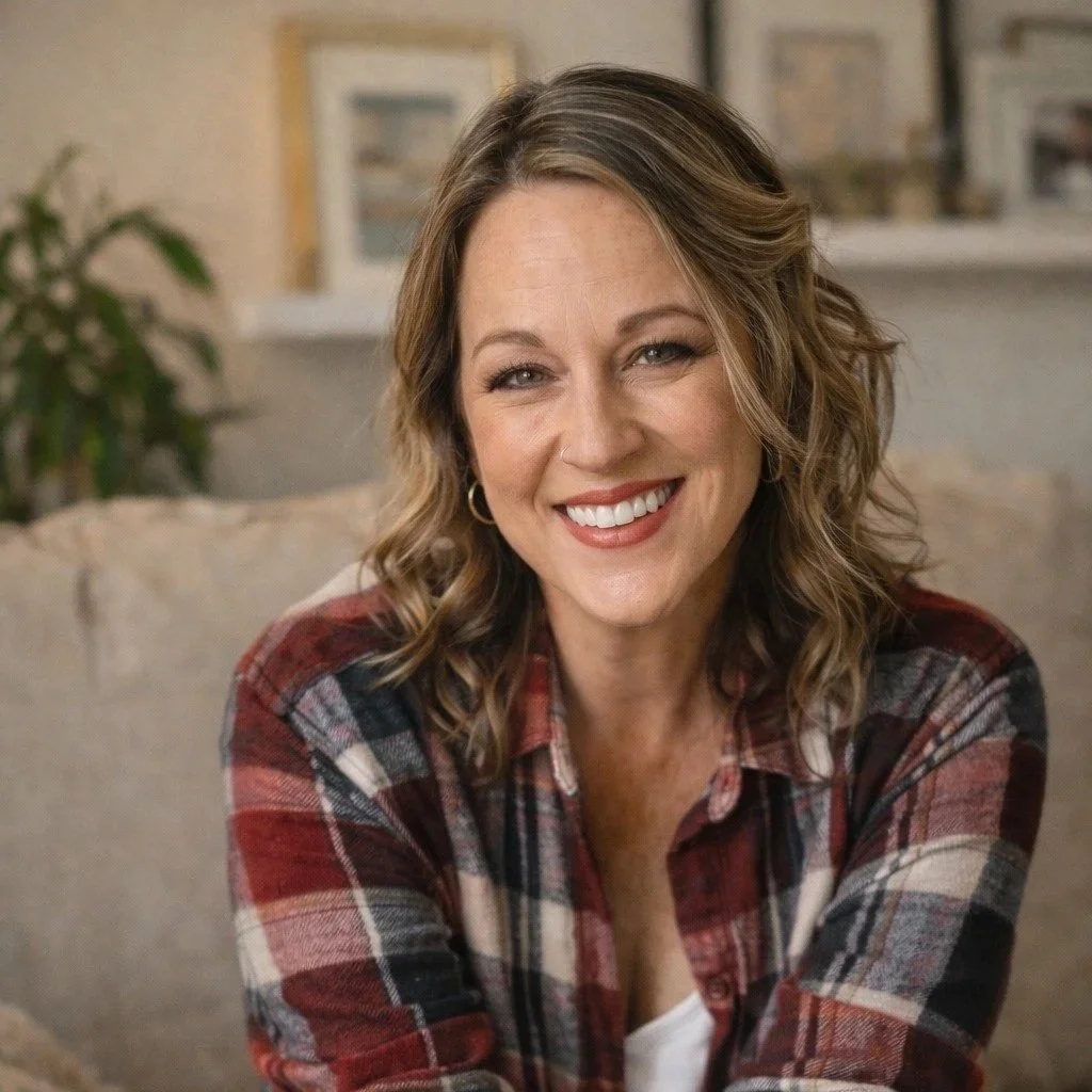 A woman with curly light brown hair smiling, wearing a plaid shirt, sitting on a beige couch in a cozy living room.