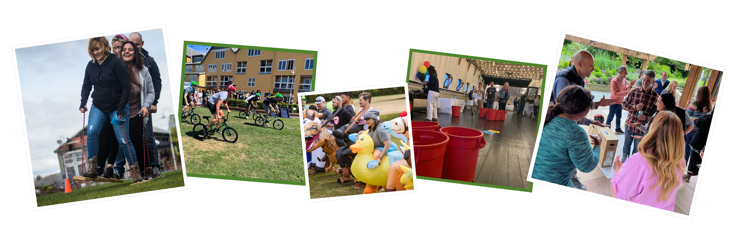 Collage of five photos from an outdoor event. First photo: a group of people walking on a balance beam outdoors. Second photo: children riding bikes on a lawn near yellow apartment buildings. Third photo: children playing with inflatable animal toys at a carnival. Fourth photo: people gathering in a covered outdoor space with red buckets and string lights. Fifth photo: people socializing and ordering drinks at a table outdoors.