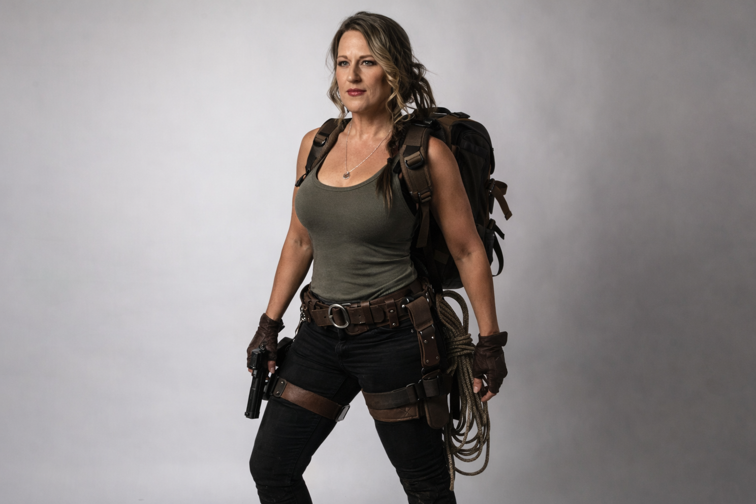 A woman with brown and blonde hair, wearing a green tank top, black pants, and tactical gear, holding a handgun and carrying a black backpack.