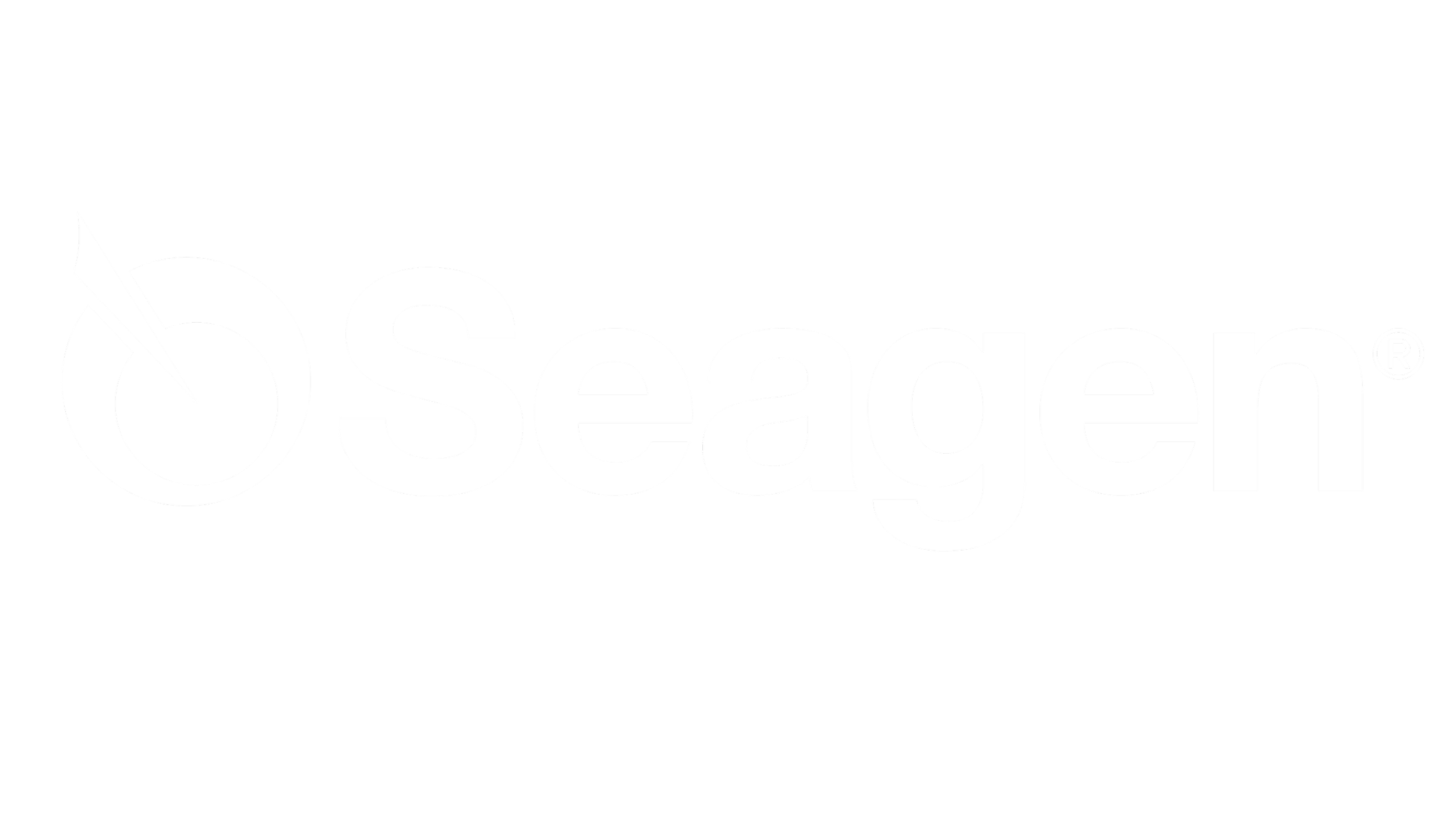 Seagen logo with white text and a circular design with a pinpoint on a black background.