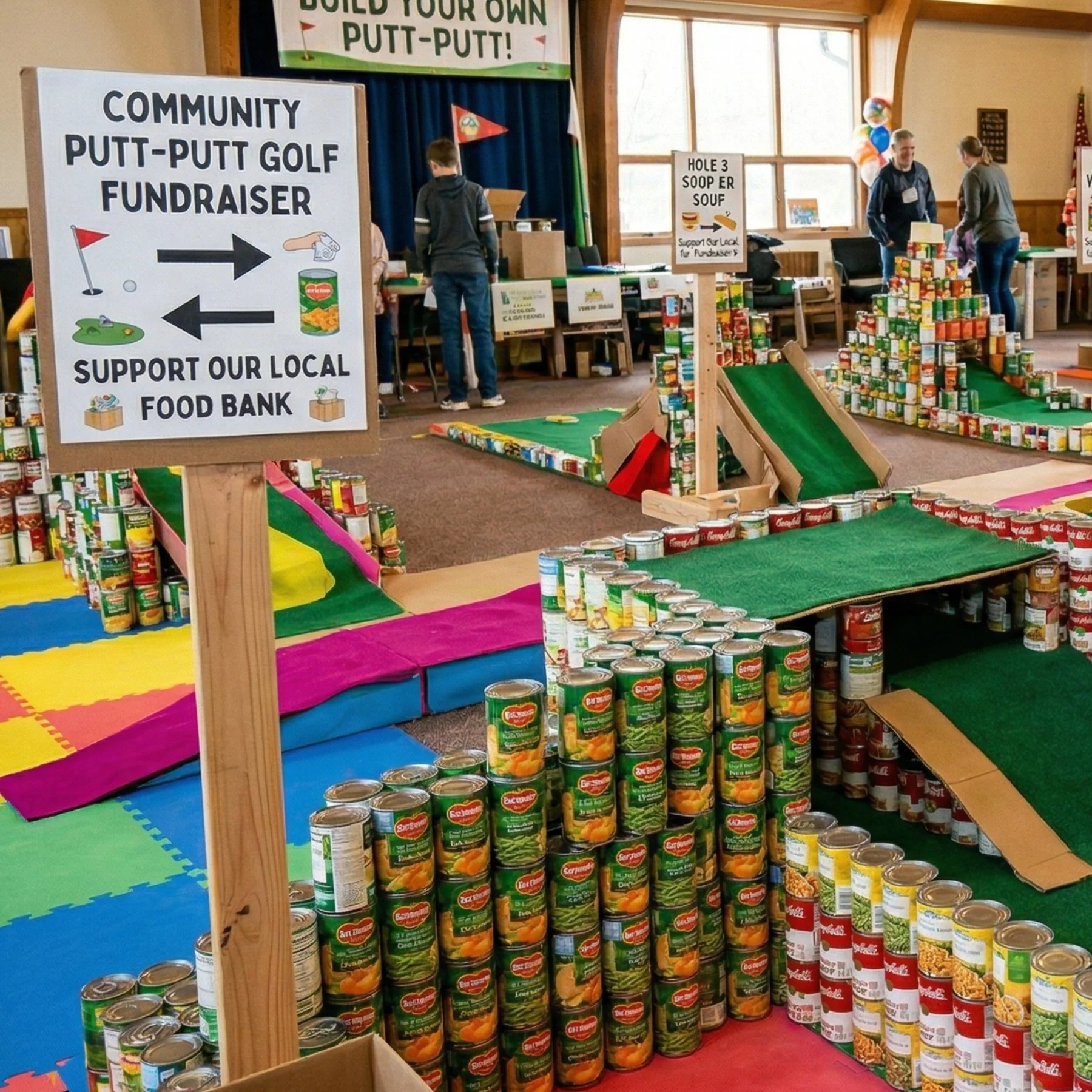 Indoor community event with a can stacking setup and signs for a food bank fundraiser, featuring canned goods stacked to form ramps and structures, and people in the background.
