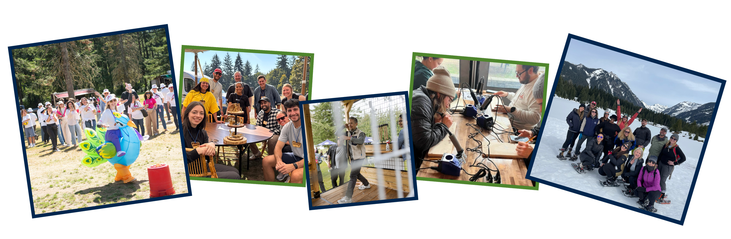 Collage of five photos showing outdoor team-building activities, a group at a snow-covered mountain, indoor lab experiments, and friends at a lakeside gathering.