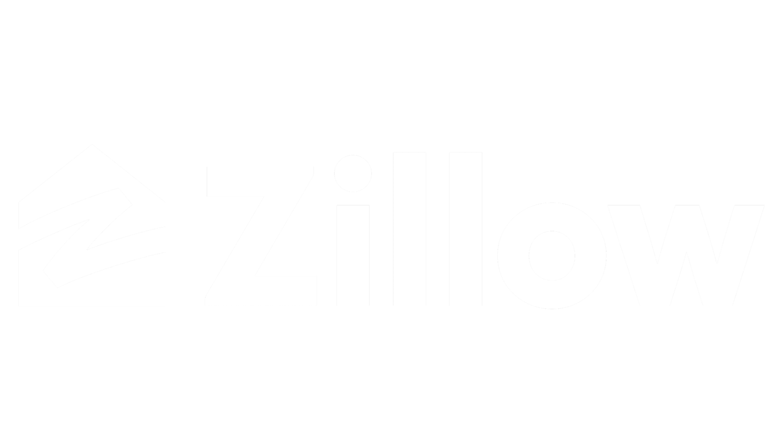 Black background with the Zillow logo in white, featuring a stylized house icon on the left and the word "Zillow" in bold letters.
